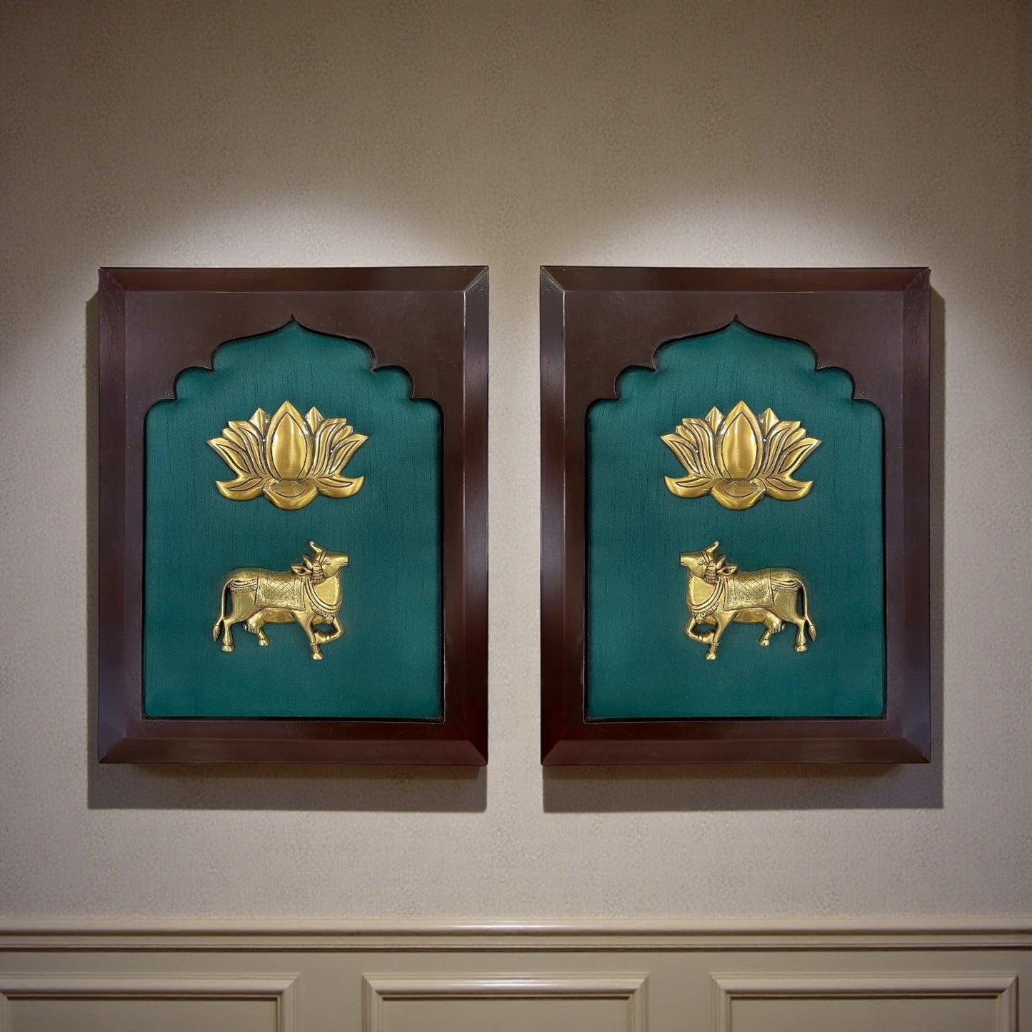 Brass Kamadhenu Blessings – Brass Sacred Cow with Lotus on Royal Green Silk