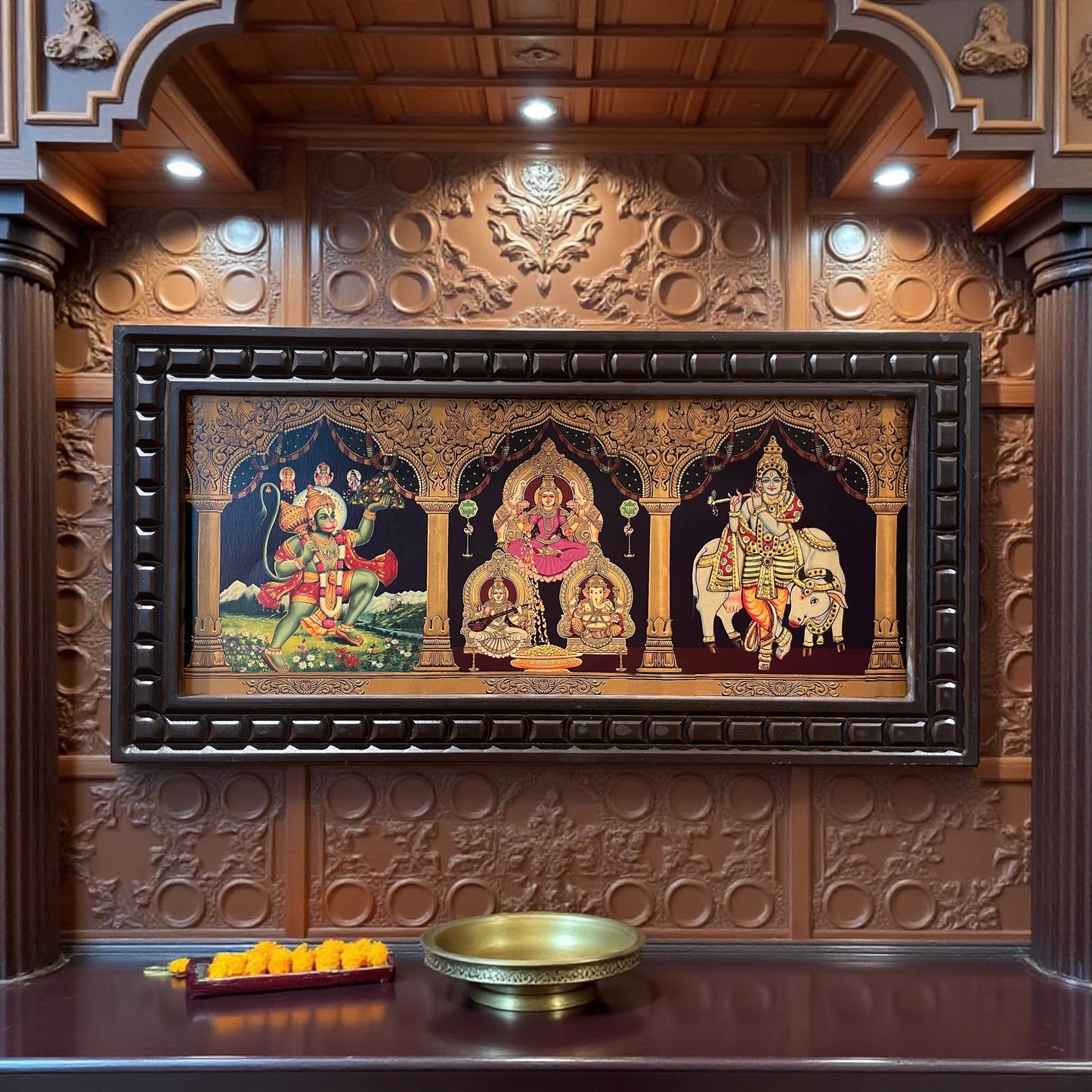 5-in-1 Divine Gold Leafed Art – Hanuman, Pink Saree Lakshmi, Ganesh, Saraswati & Krishna