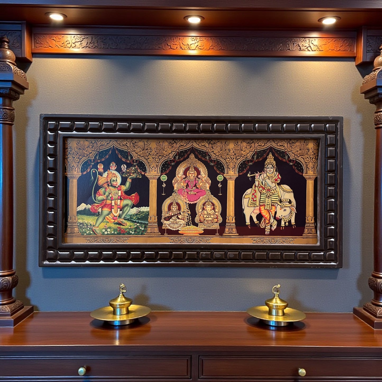 5-in-1 Divine Gold Leafed Art – Hanuman, Pink Saree Lakshmi, Ganesh, Saraswati & Krishna