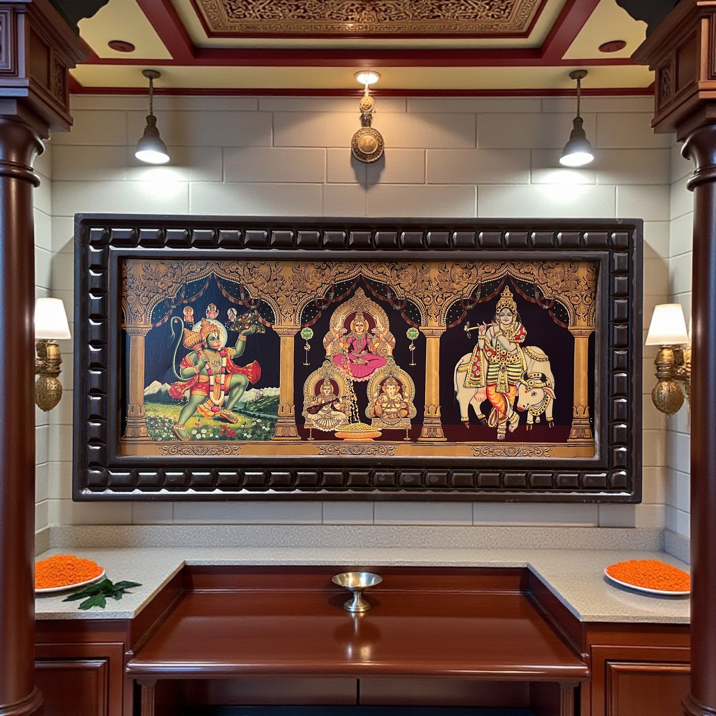 5-in-1 Divine Gold Leafed Art – Hanuman, Pink Saree Lakshmi, Ganesh, Saraswati & Krishna