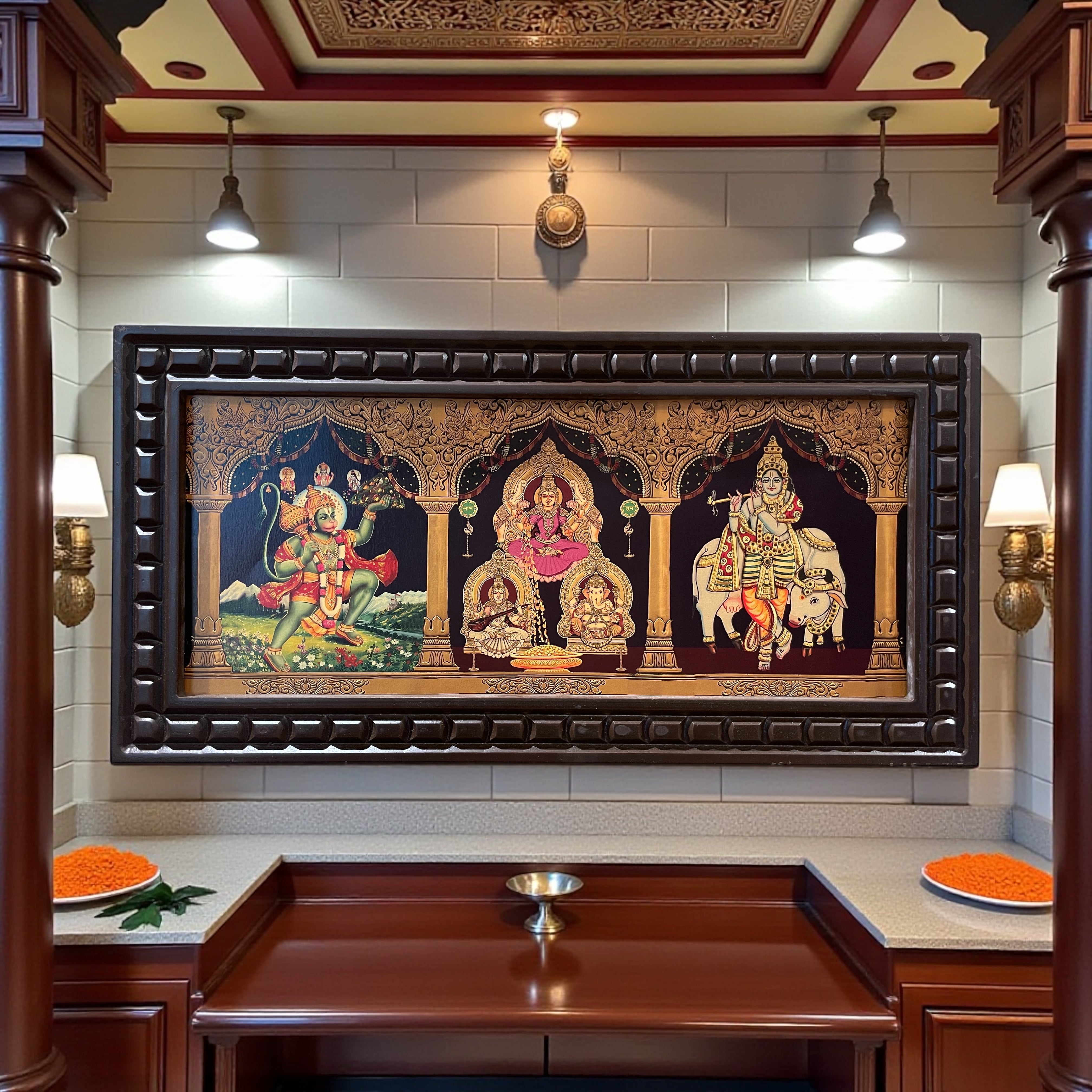 5-in-1 Divine Gold Leafed Art – Hanuman, Pink Saree Lakshmi, Ganesh, Saraswati & Krishna