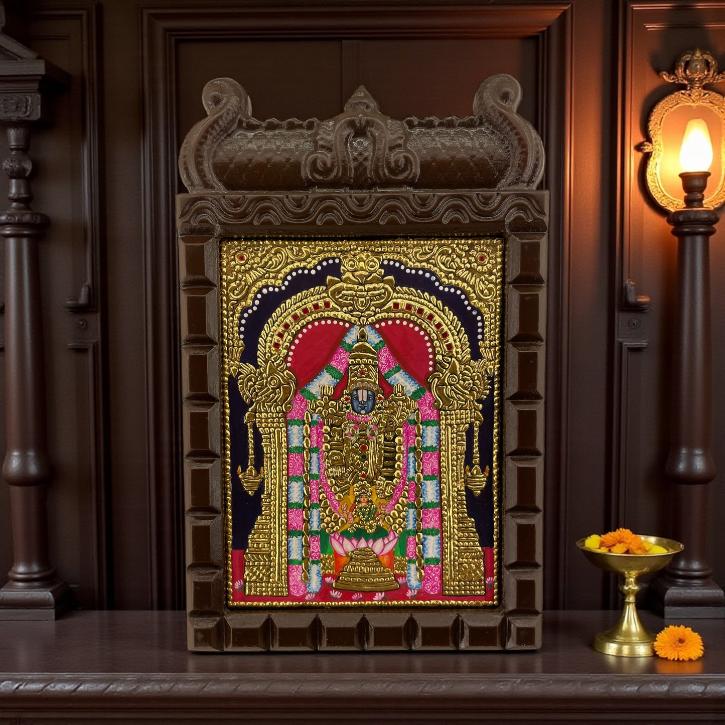 Lord Tirupati Tanjore Painting in Wooden Temple Frame