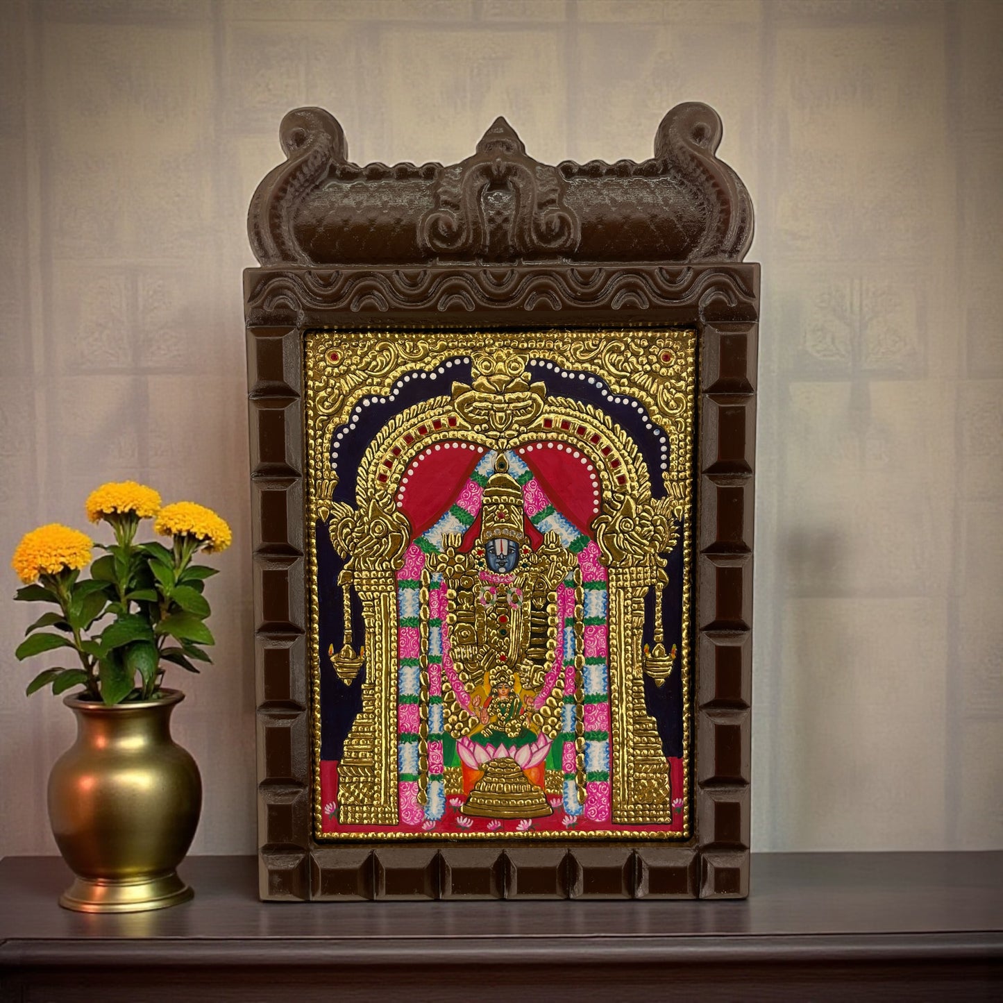 Lord Tirupati Tanjore Painting in Wooden Temple Frame