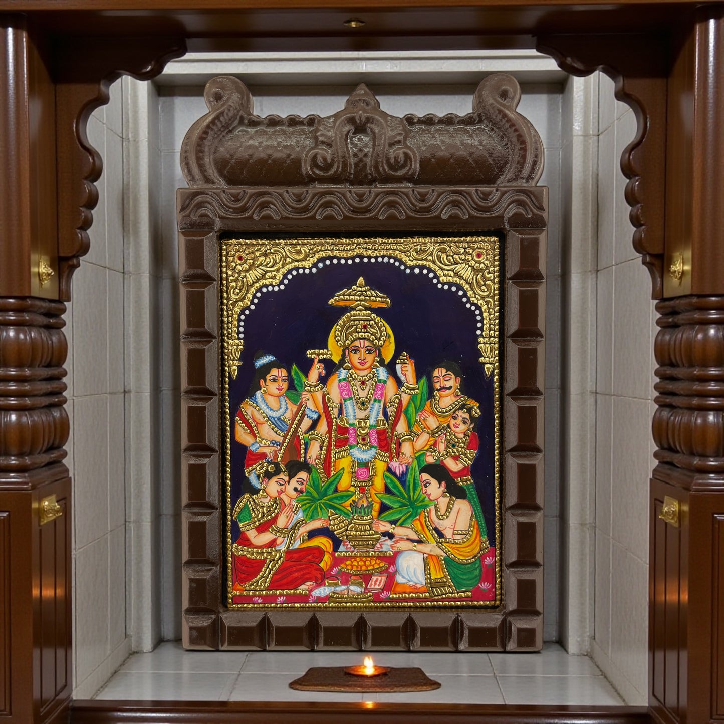 Lord Satyanarayan Tanjore Painting in Wooden Temple Frame