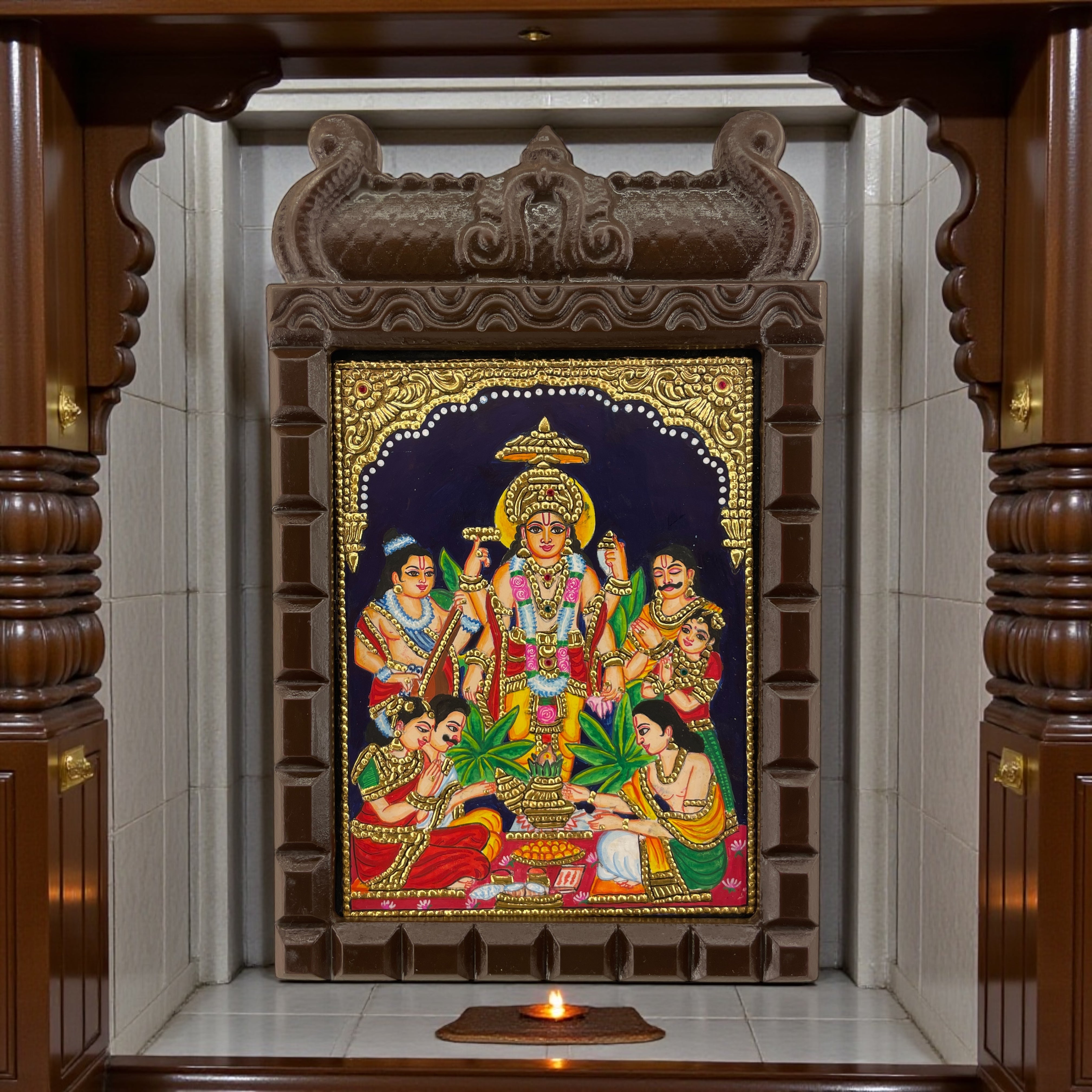 Lord Satyanarayan Tanjore Painting in Wooden Temple Frame