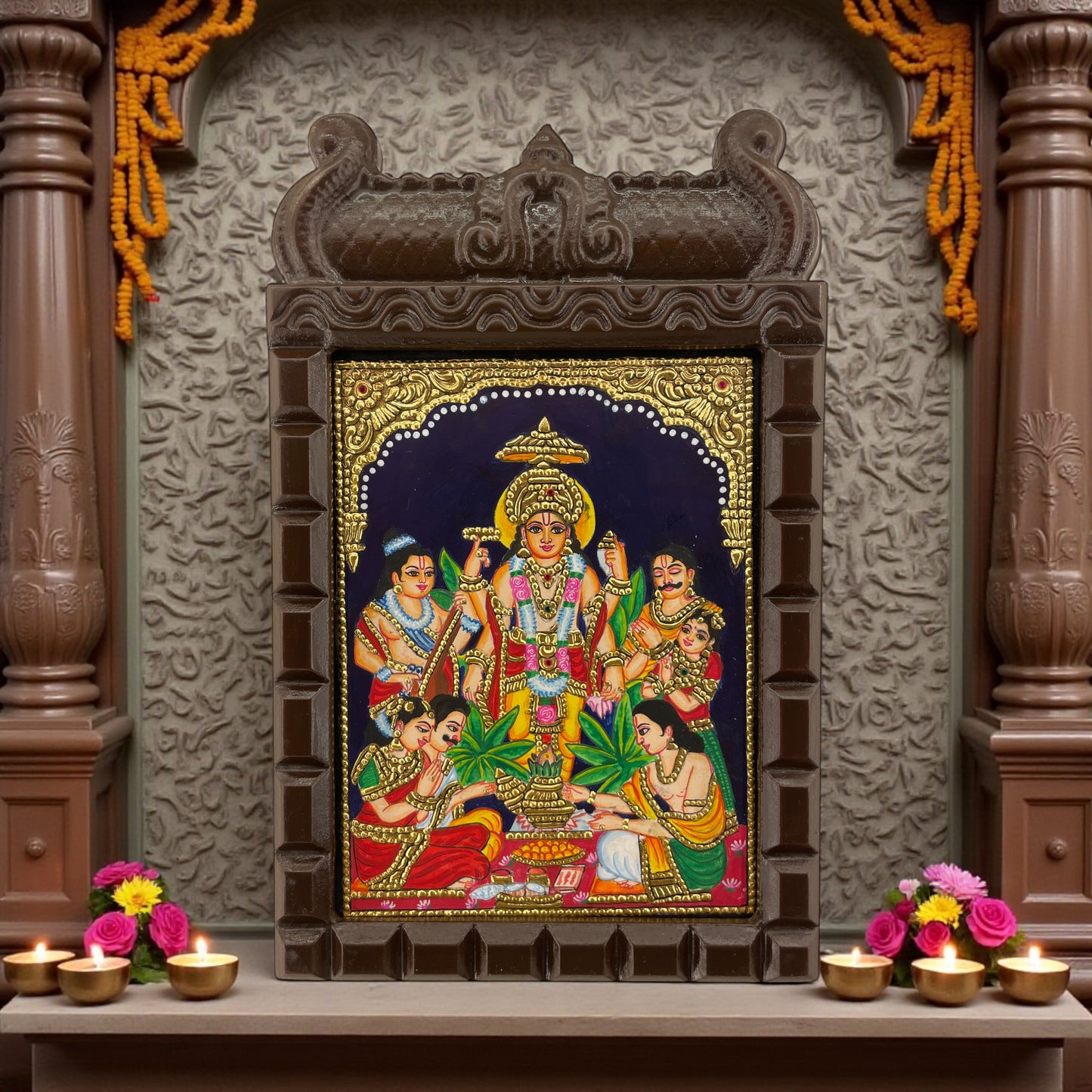 Lord Satyanarayan Tanjore Painting in Wooden Temple Frame