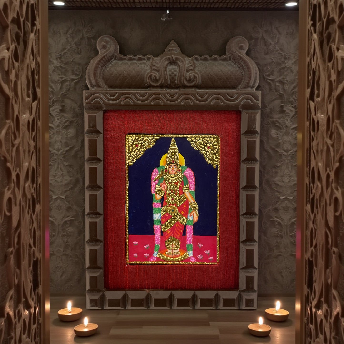Madurai Meenakshi Tanjore Painting in Wooden Temple Frame