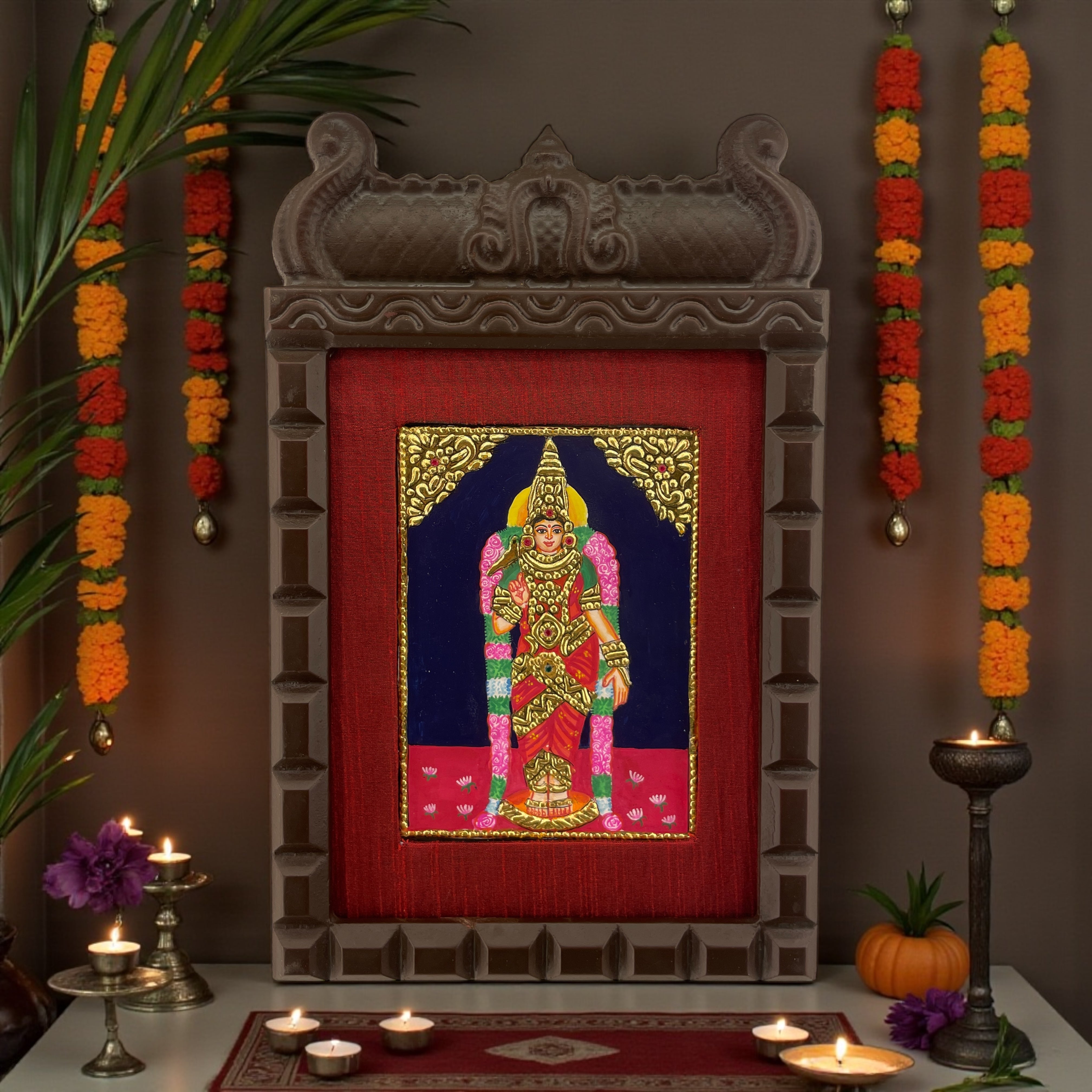 Madurai Meenakshi Tanjore Painting in Wooden Temple Frame