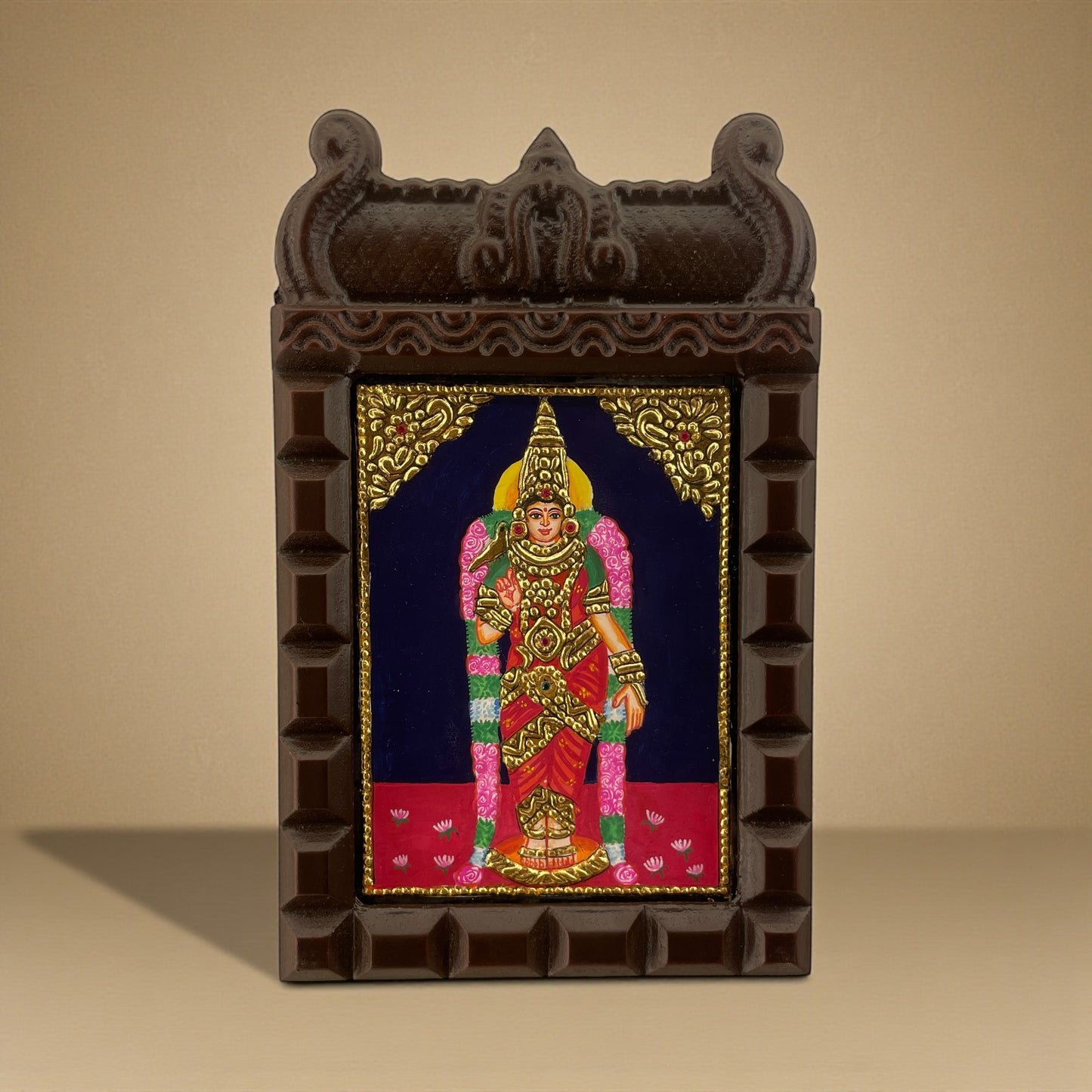 Madurai Meenakshi Tanjore Painting in Wooden Temple Frame