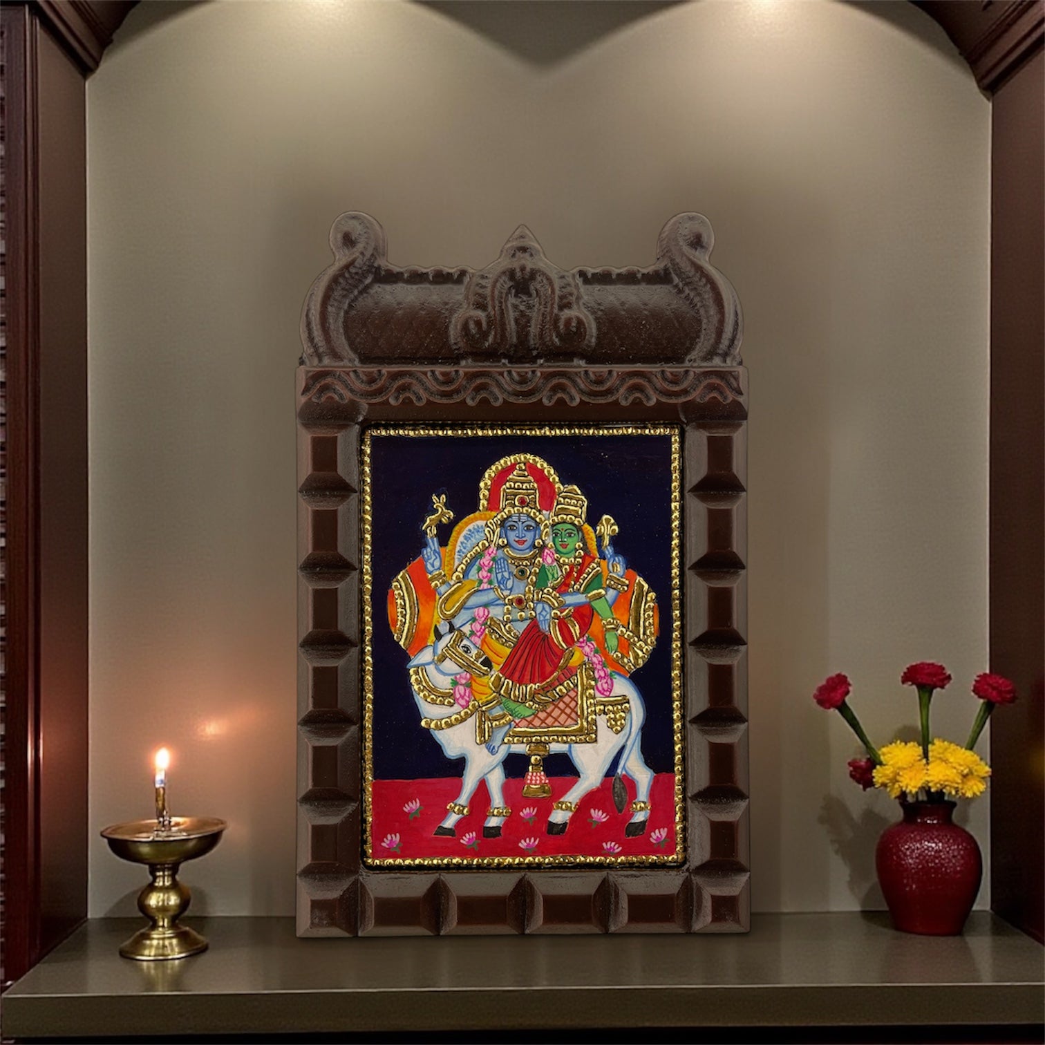 Shiva and Parvati on Nandi Tanjore Painting