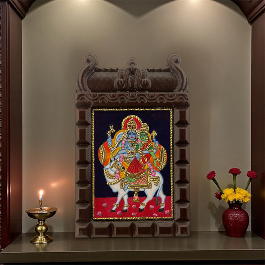 Shiva and Parvati on Nandi Tanjore Painting