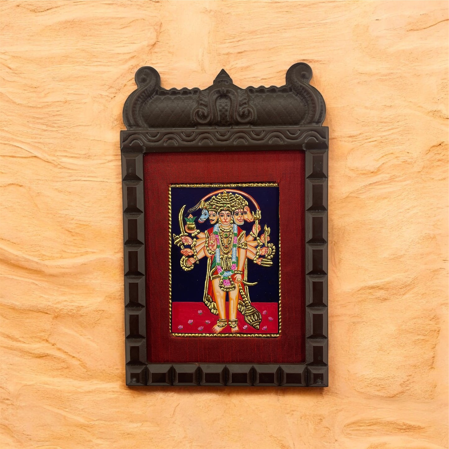 Panchamukhi Hanuman Tanjore Painting with Engineered Wooden Temple Frame