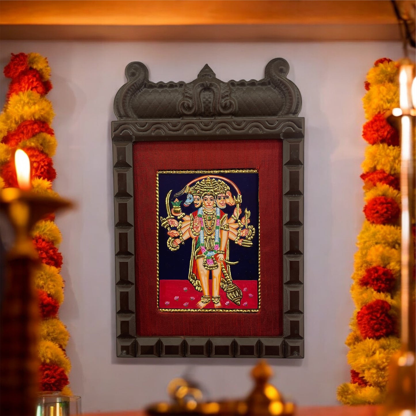 Panchamukhi Hanuman Tanjore Painting with Engineered Wooden Temple Frame