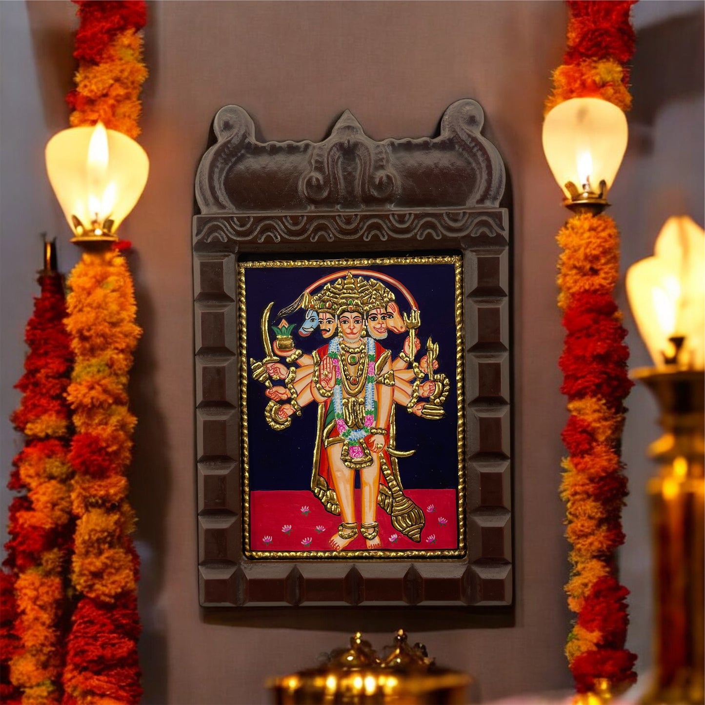 Panchamukhi Hanuman Tanjore Painting with Engineered Wooden Temple Frame