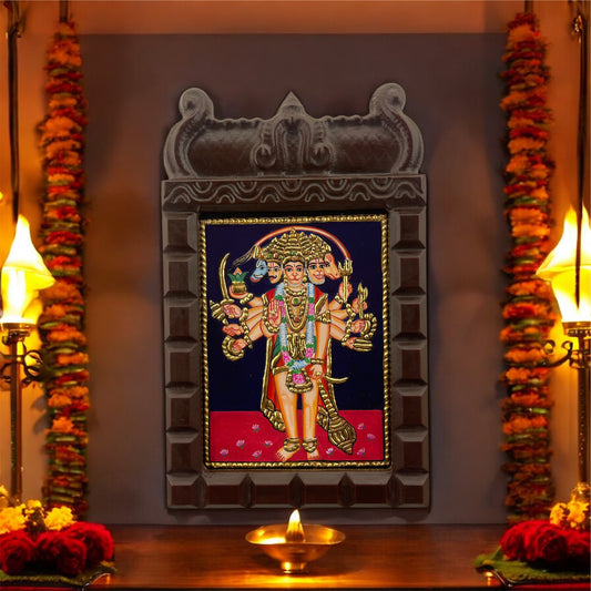 Panchamukhi Hanuman Tanjore Painting with Engineered Wooden Temple Frame