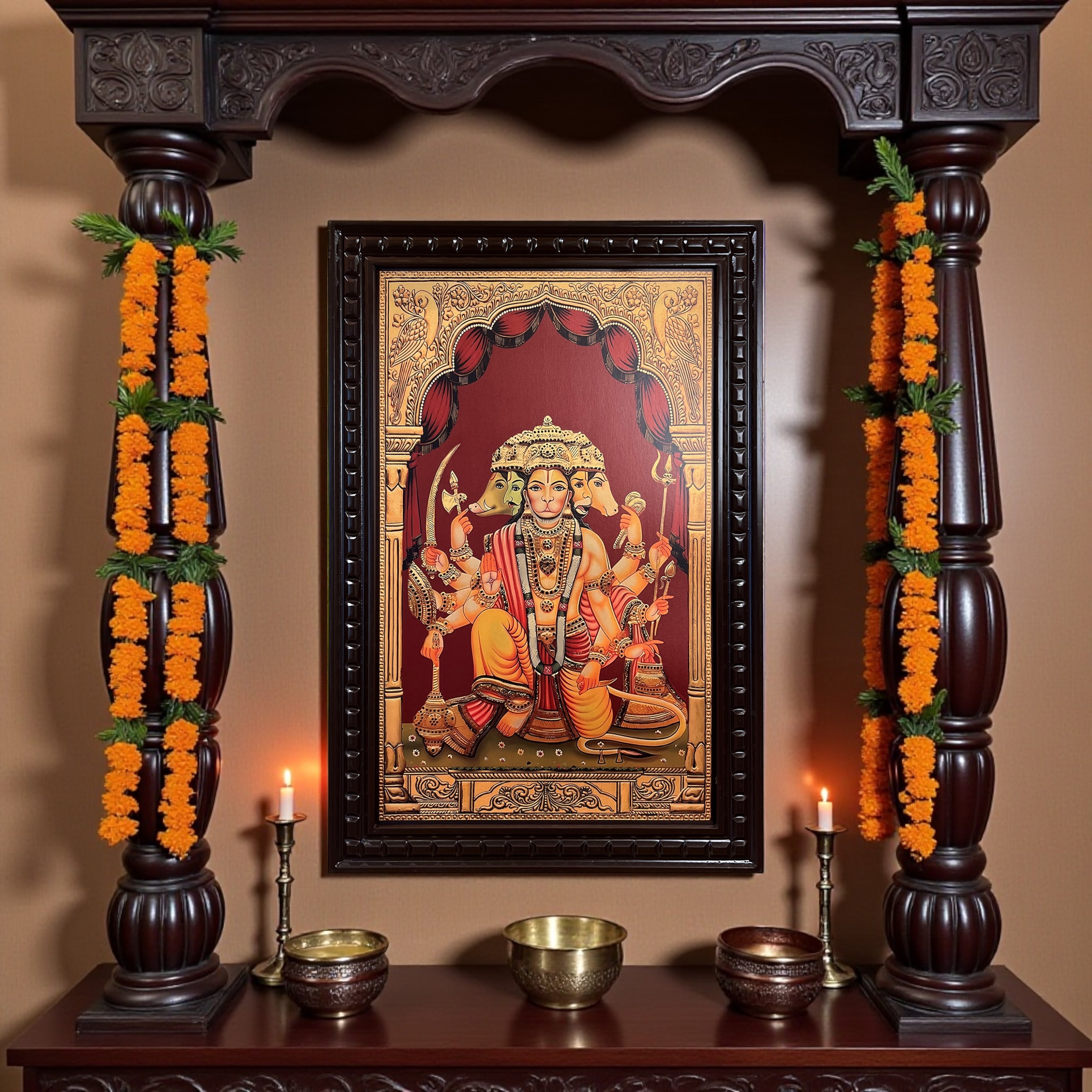 Standing Panchamukhi Hanuman Gold leafed artwork in wooden frame