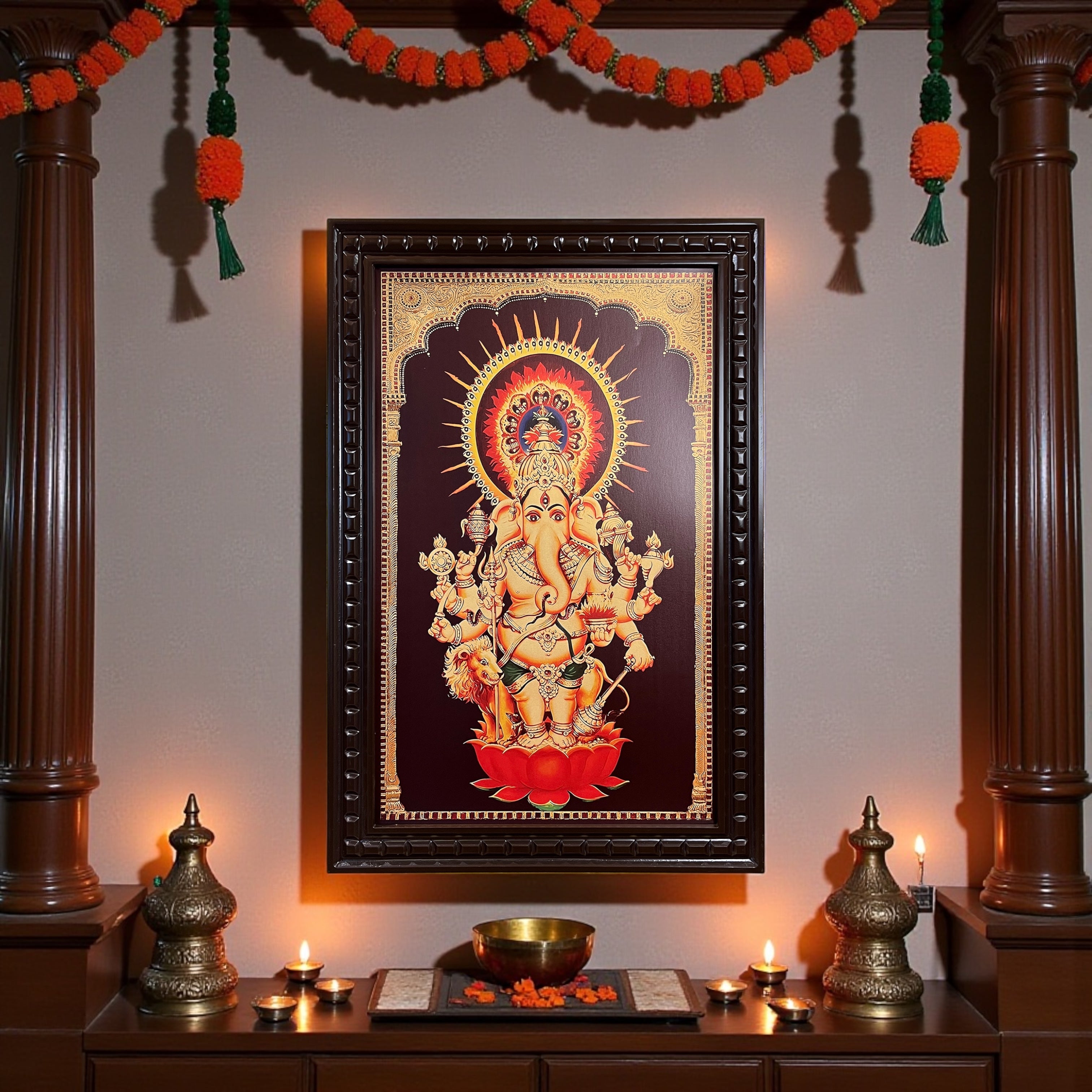 Dristi Ganesha Gold Leafed Artwork with Polished Engineered Wooden Frame