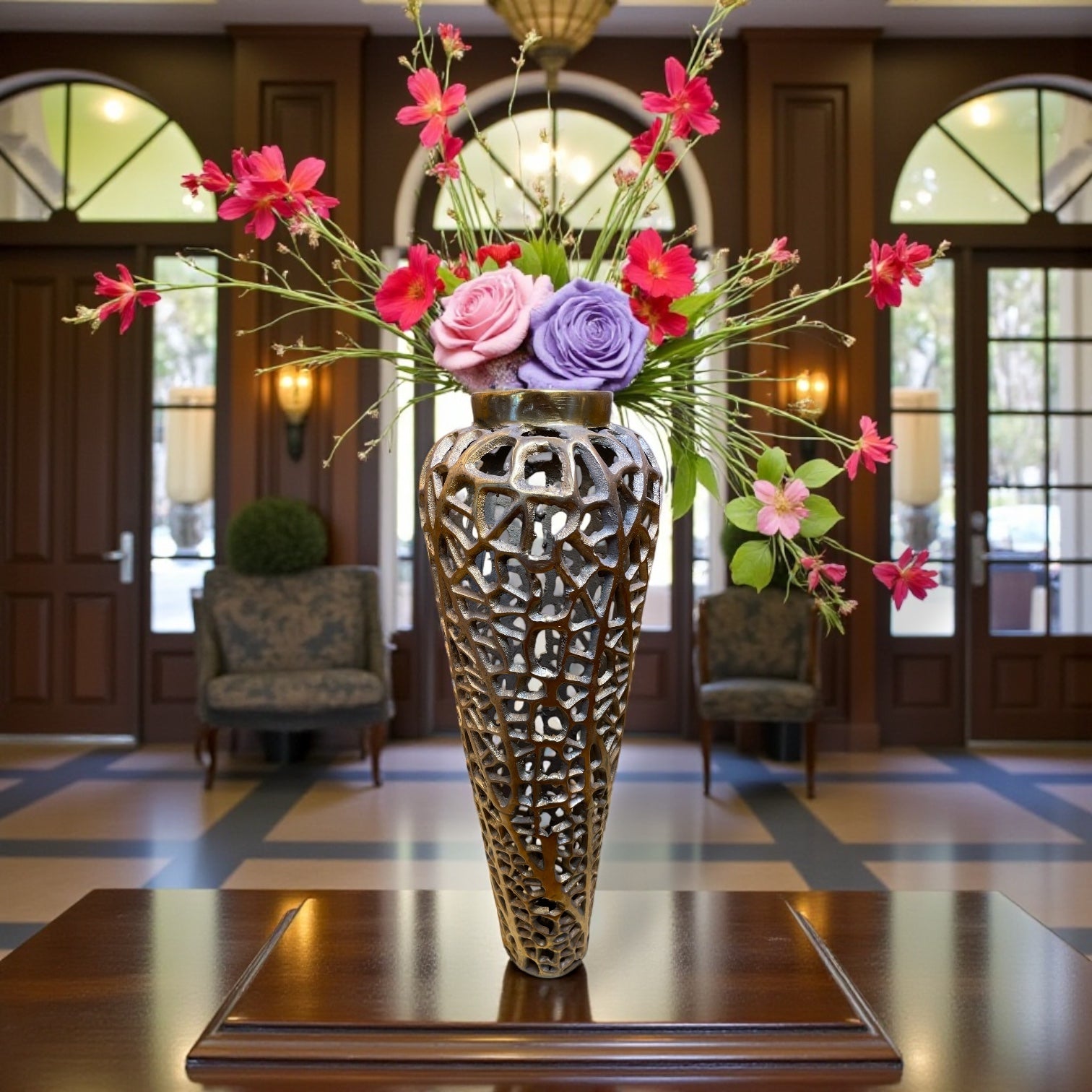 Elegant Brass Looking Mild Steel Flower Vase with Elegant Textured Finish