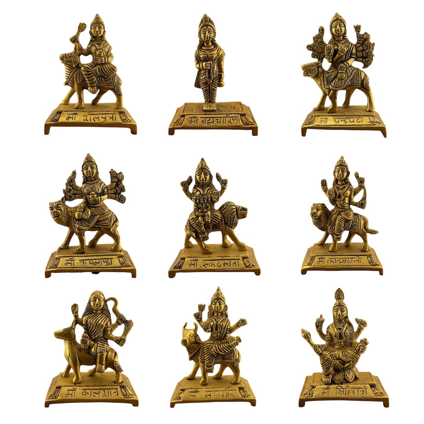 Navadurga Brass Idol Set – 9 Forms of Goddess Durga Antique Finish Brass Statues for Pooja Room, Navratri Decor & Vastu Spiritual Gift