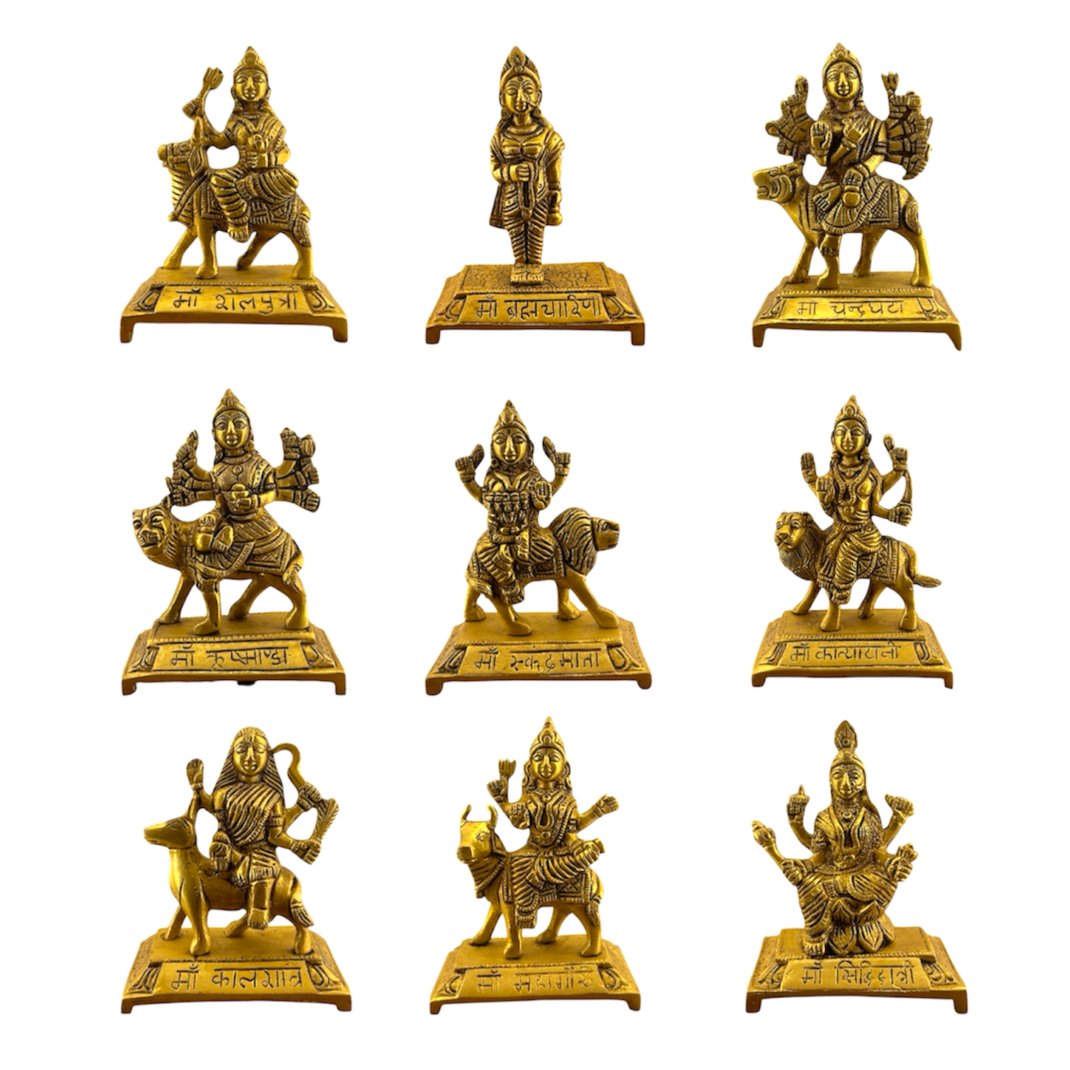 Navadurga Brass Idol Set – 9 Forms of Goddess Durga Antique Finish Brass Statues for Pooja Room, Navratri Decor & Vastu Spiritual Gift