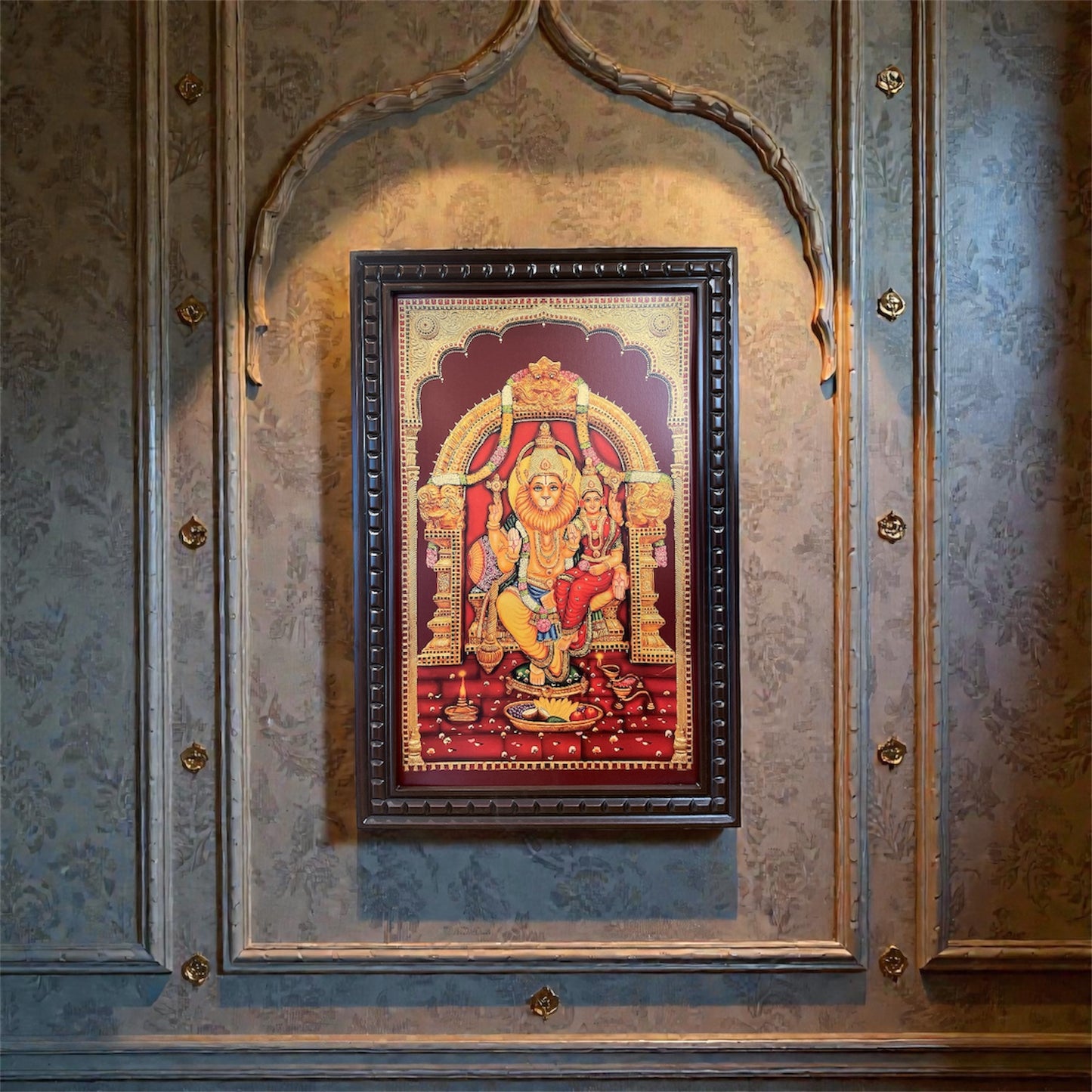 Lakshmi Narasimha 3 with Gold foiled art Within wooden frame