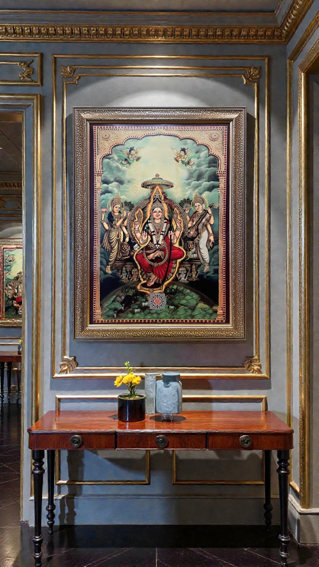 Lalitha Tripura Sundari Gold Leaf Wall Art with Premium Resin Frame | Luxury Divine Decor for Living & Pooja Room