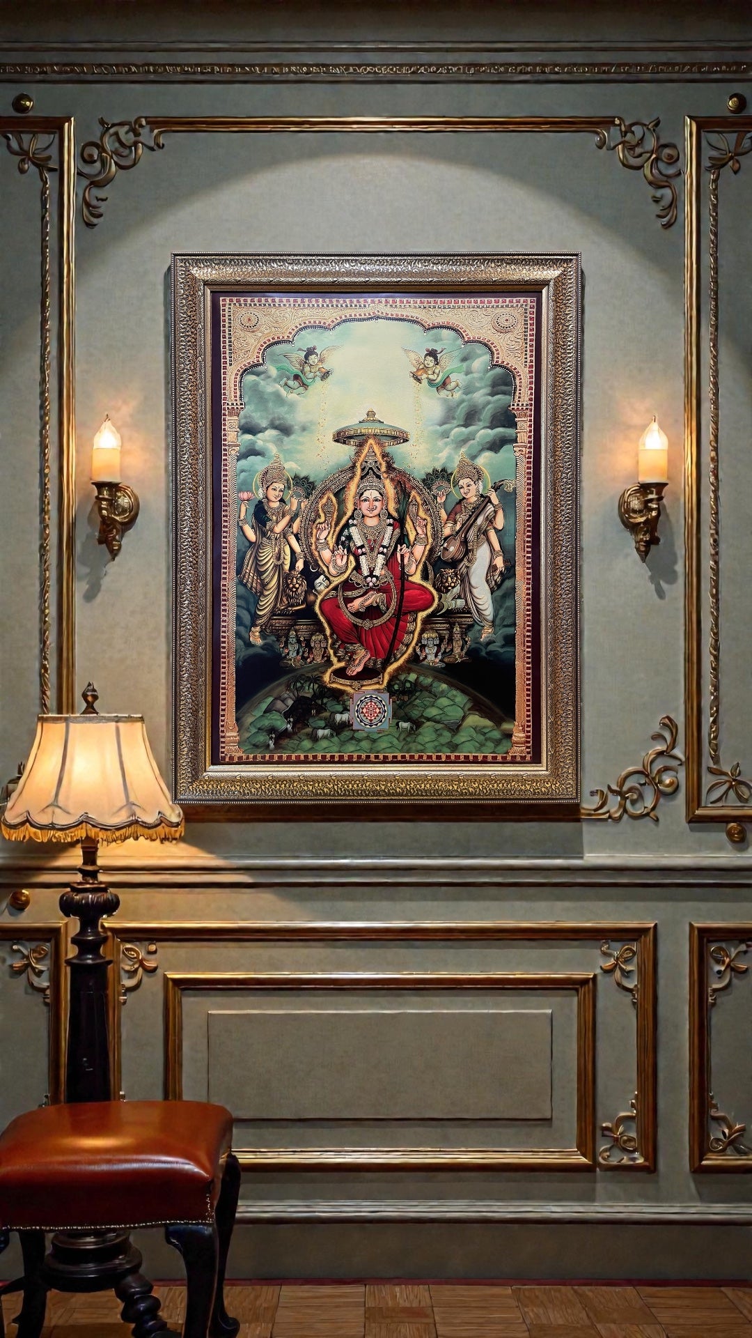 Lalitha Tripura Sundari Gold Leaf Wall Art with Premium Resin Frame | Luxury Divine Decor for Living & Pooja Room