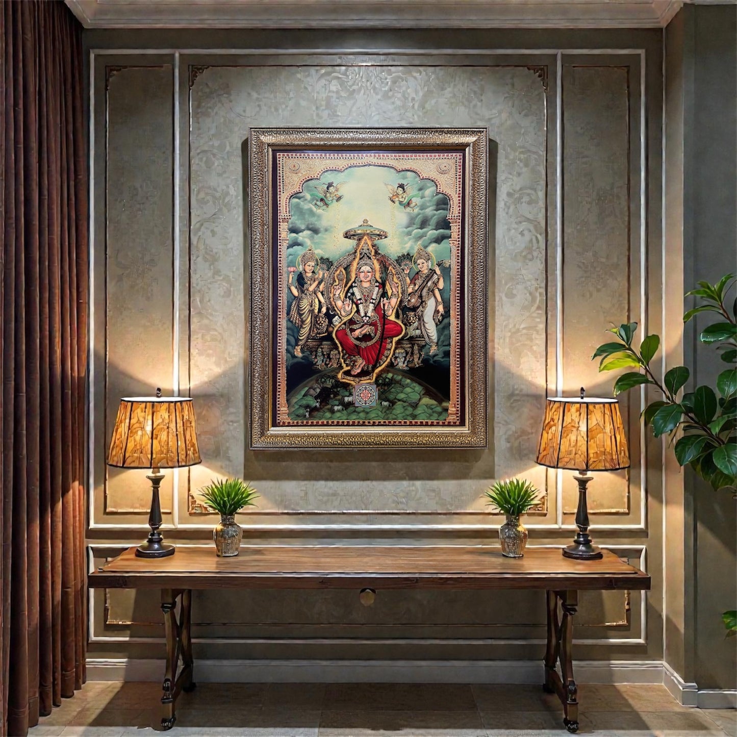 Lalitha Tripura Sundari Gold Leaf Wall Art with Premium Resin Frame | Luxury Divine Decor for Living & Pooja Room