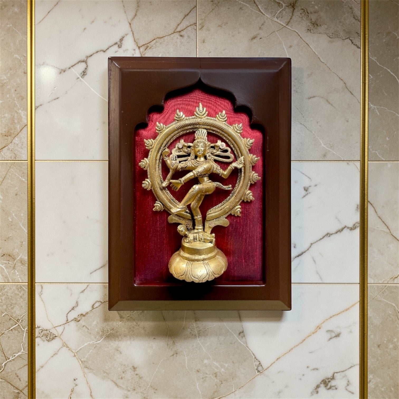 Brass Nataraja Statue with Red Silk Backdrop | Wooden Frame Wall Decor
