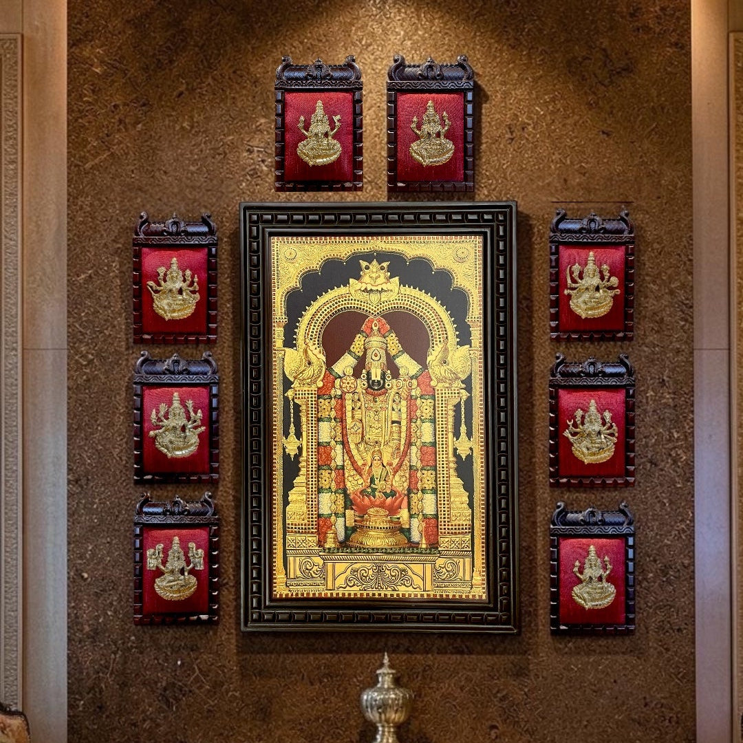Gold Leaf Tirupati Balaji Frame with Brass Ashtalakshmi Set | Luxury Pooja Wall Decor.