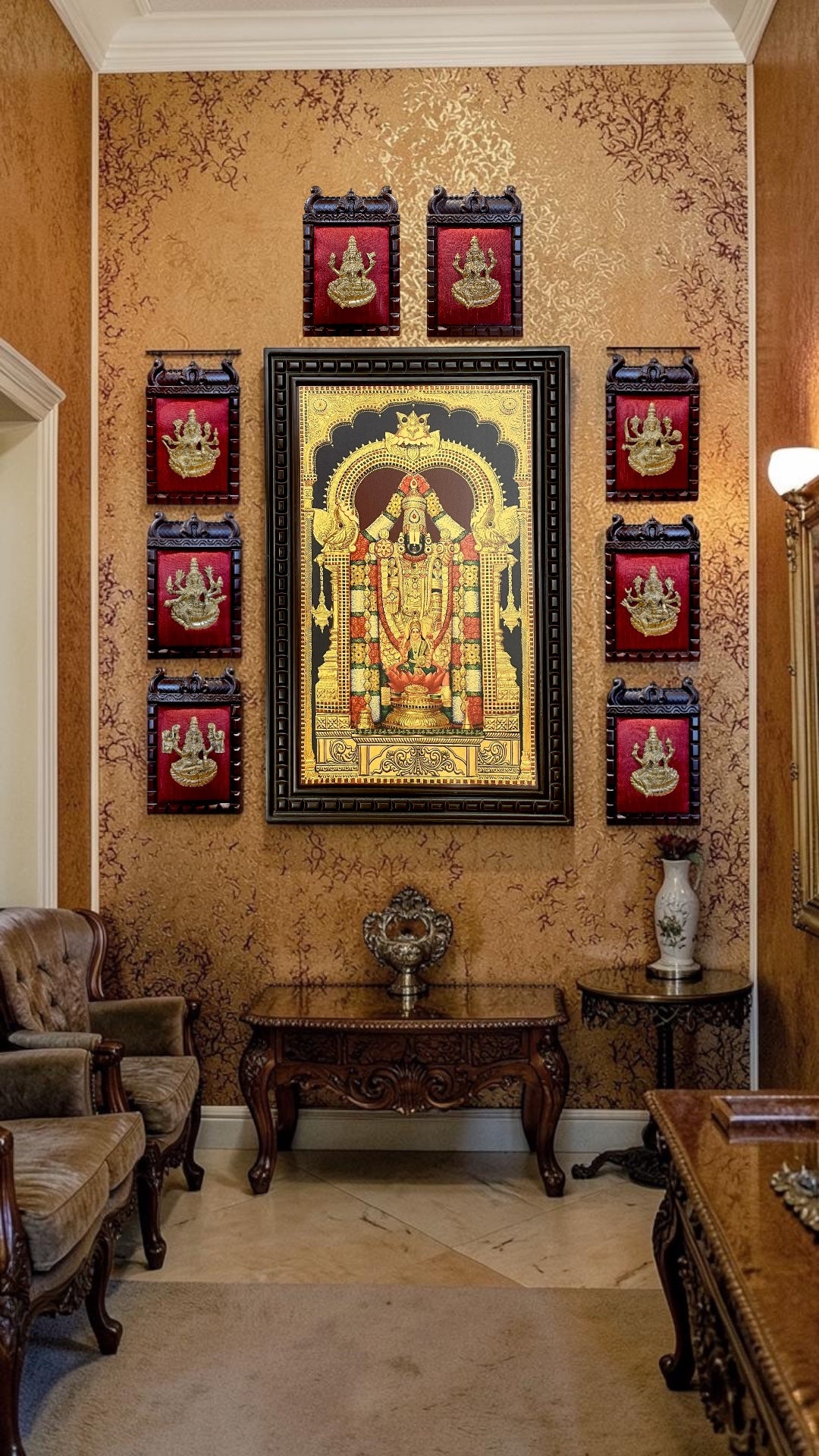 Gold Leaf Tirupati Balaji Frame with Brass Ashtalakshmi Set | Luxury Pooja Wall Decor.