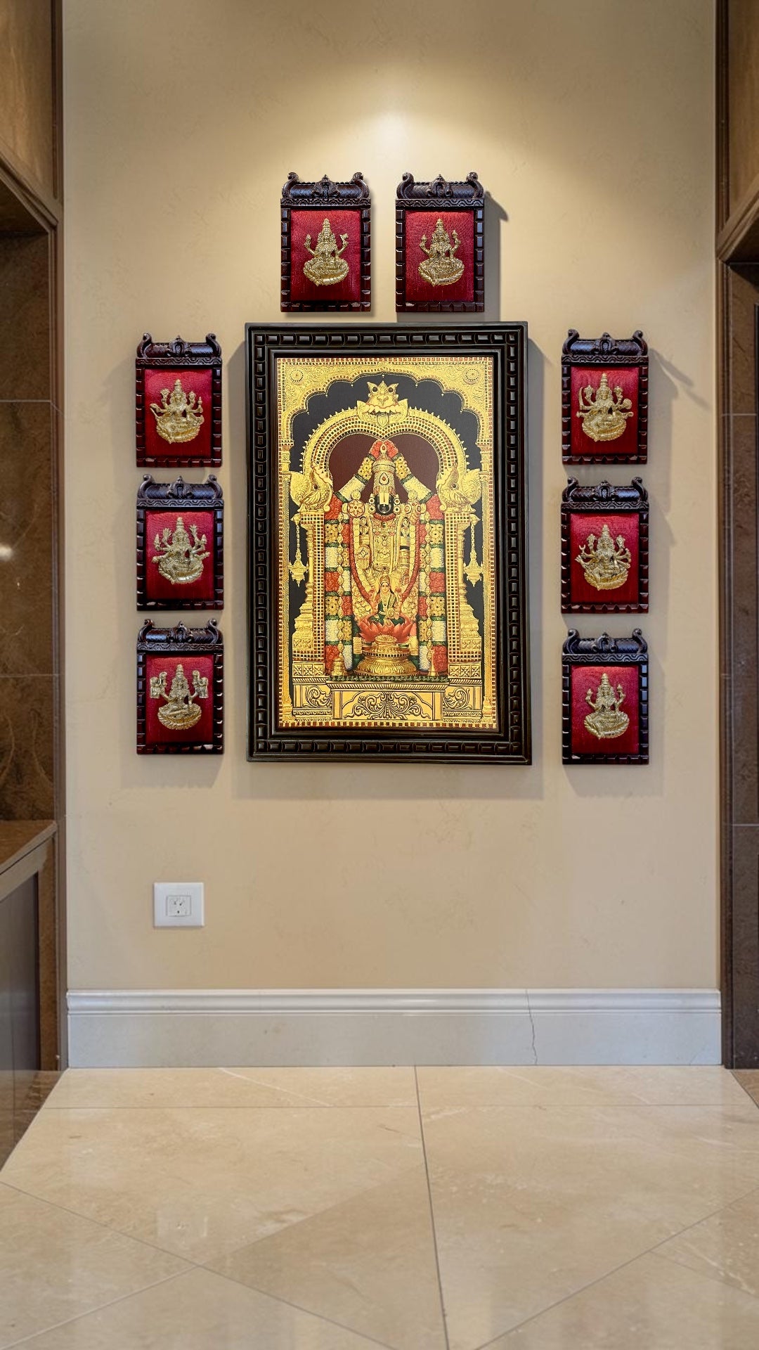 Gold Leaf Tirupati Balaji Frame with Brass Ashtalakshmi Set | Luxury Pooja Wall Decor.