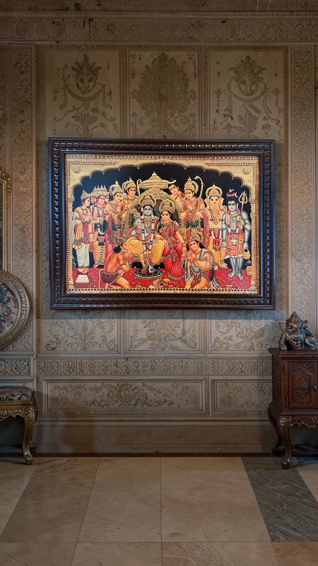Rama Pattabhisheka Gold Leaf Art Frame | Lord Rama Coronation Wall Decor | Premium Wooden Frame Artwork