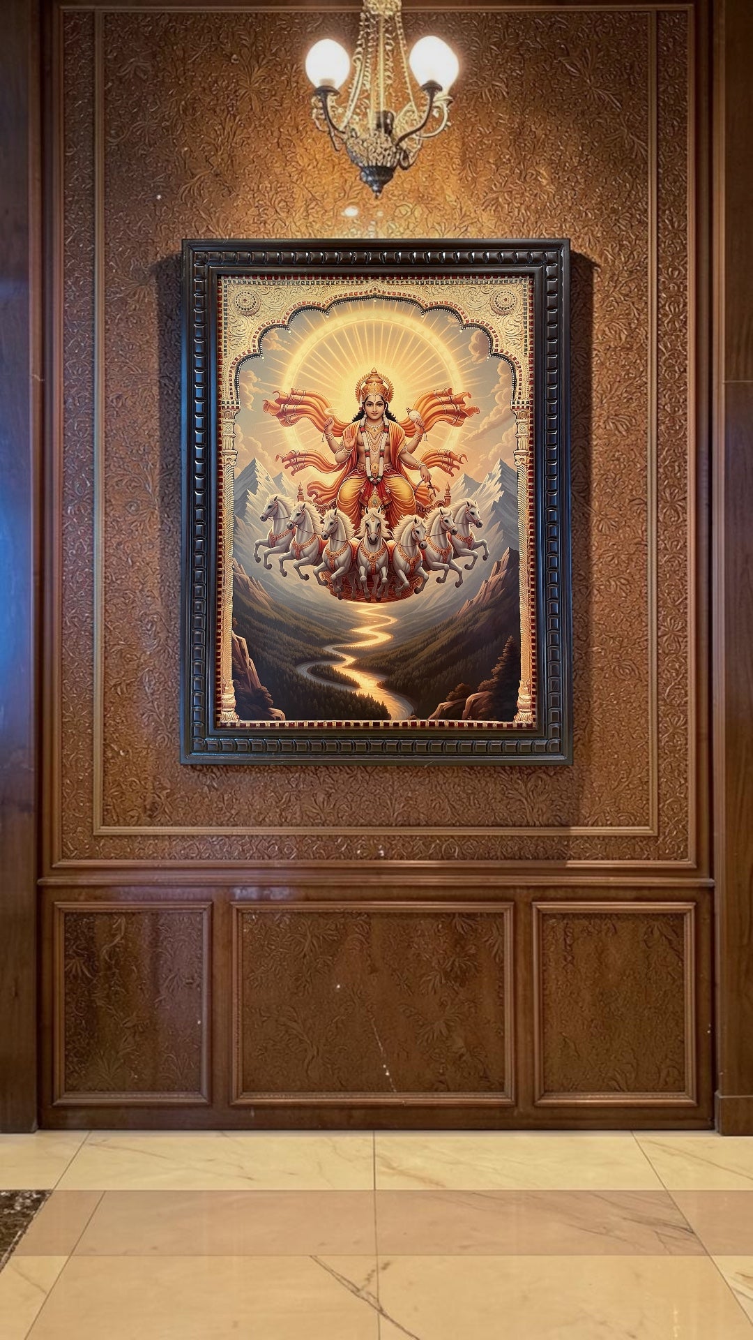 Surya Dev Gold Leaf Art Frame | Soorya Bhagavan Wall Decor | Sun God Pooja Room Artwork with Premium Wooden Frame.