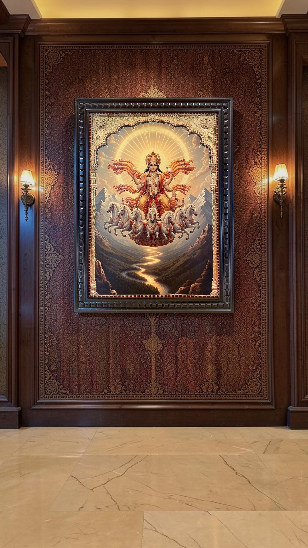 Surya Dev Gold Leaf Art Frame | Soorya Bhagavan Wall Decor | Sun God Pooja Room Artwork with Premium Wooden Frame.