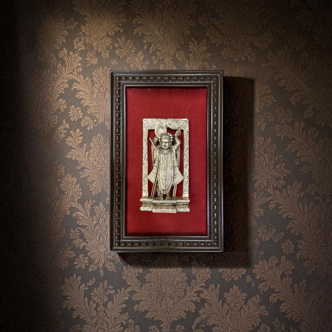 92.5 Sterling Silver Srinathji Frame | Premium Pooja Wall Art on Red Silk Backdrop