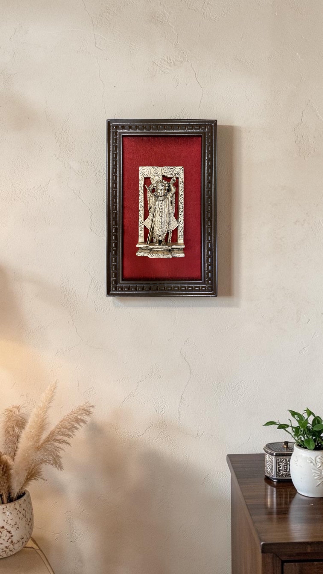 92.5 Sterling Silver Srinathji Frame | Premium Pooja Wall Art on Red Silk Backdrop