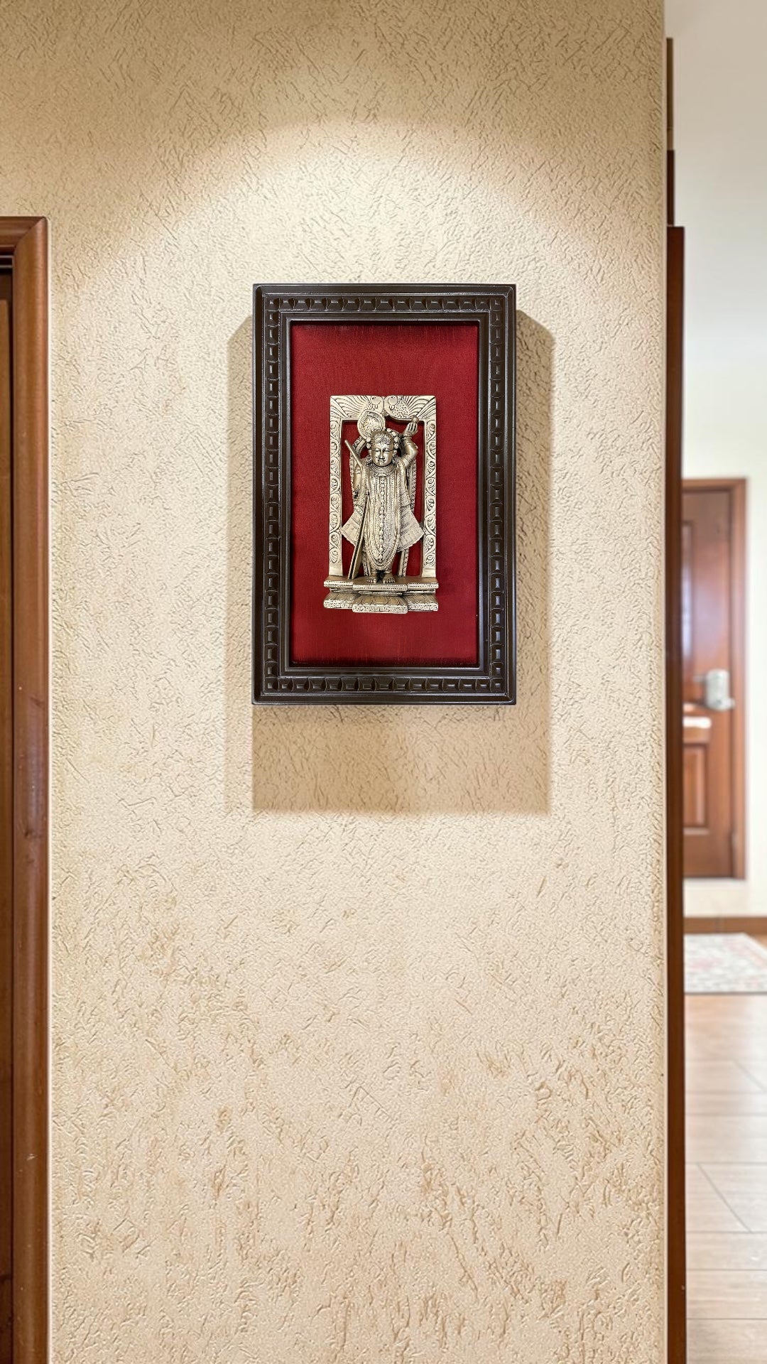 92.5 Sterling Silver Srinathji Frame | Premium Pooja Wall Art on Red Silk Backdrop