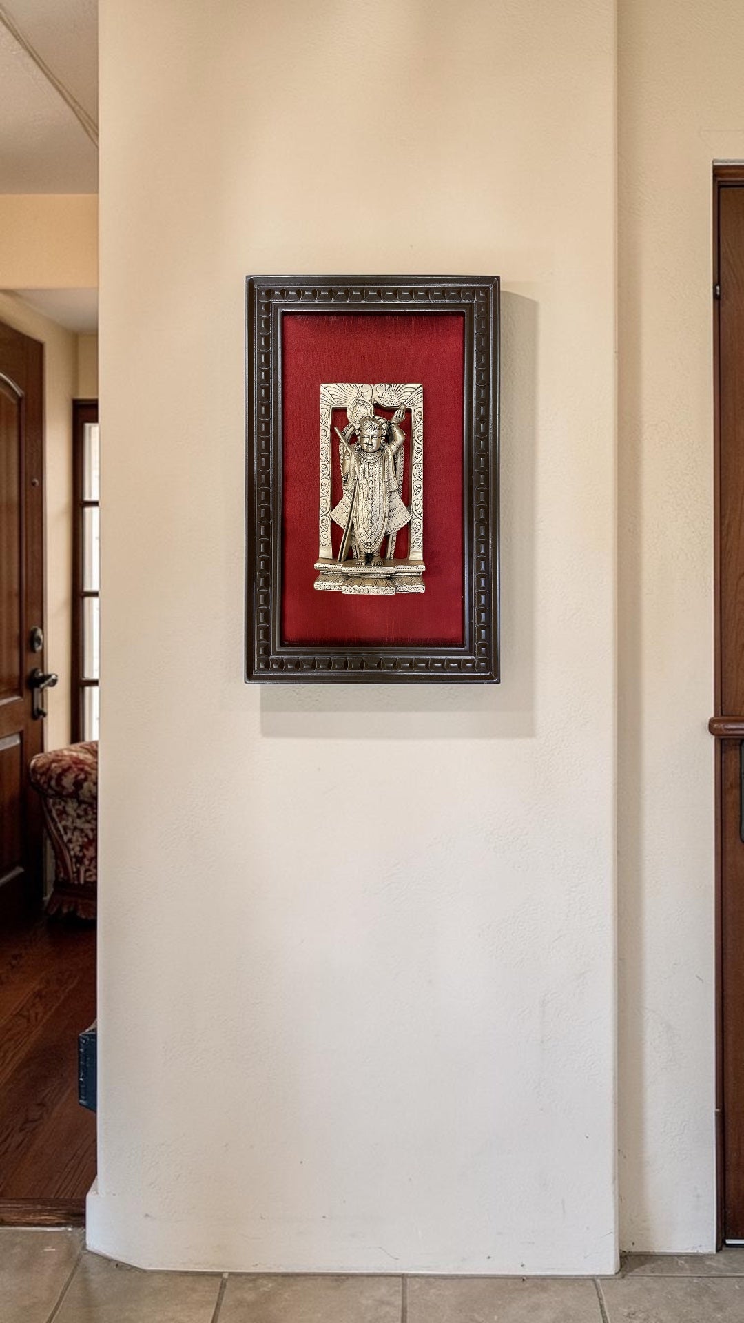 92.5 Sterling Silver Srinathji Frame | Premium Pooja Wall Art on Red Silk Backdrop