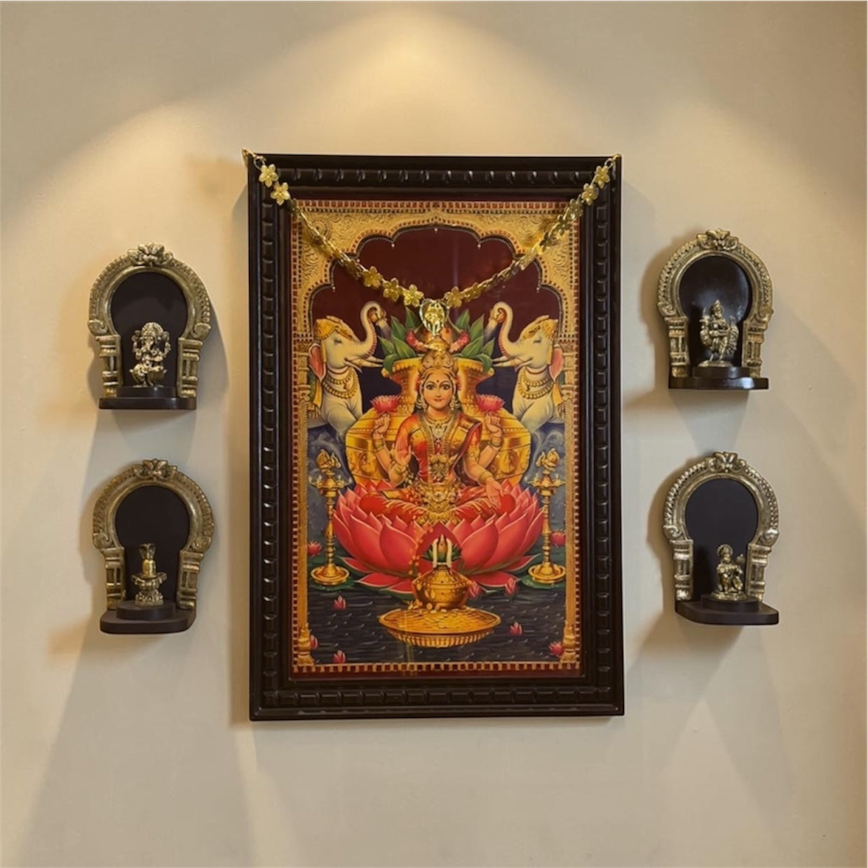 Luxury Lakshmi Wall Art Set with Sacred Idols | Traditional Pooja Room Decor | Premium Hindu Spiritual Wall Decor