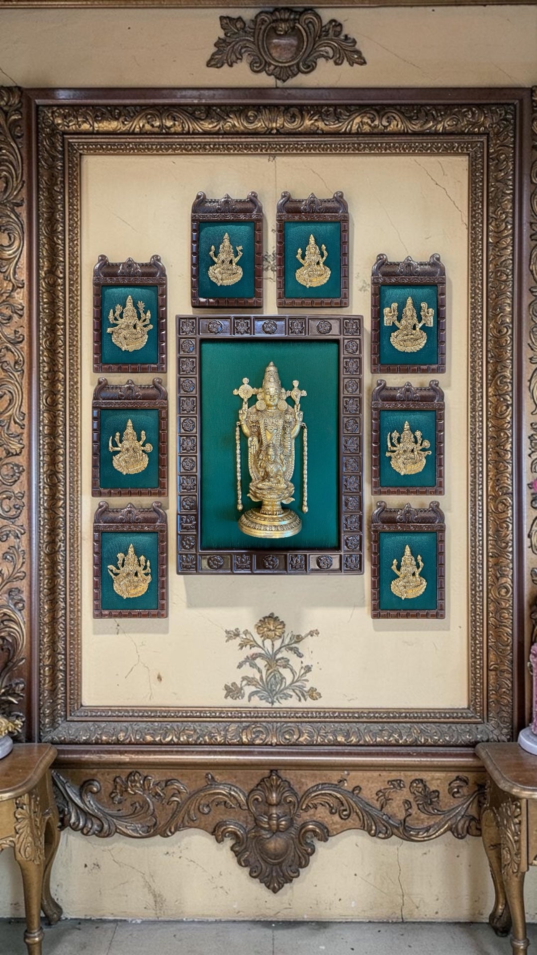 Tirupati Balaji with Ashtalakshmi Gold Art Frame | Brass Idol on Green Silk | Luxury Pooja Room Wall Decor.