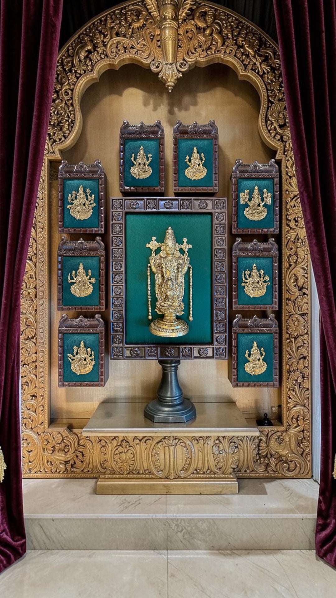 Tirupati Balaji with Ashtalakshmi Gold Art Frame | Brass Idol on Green Silk | Luxury Pooja Room Wall Decor.