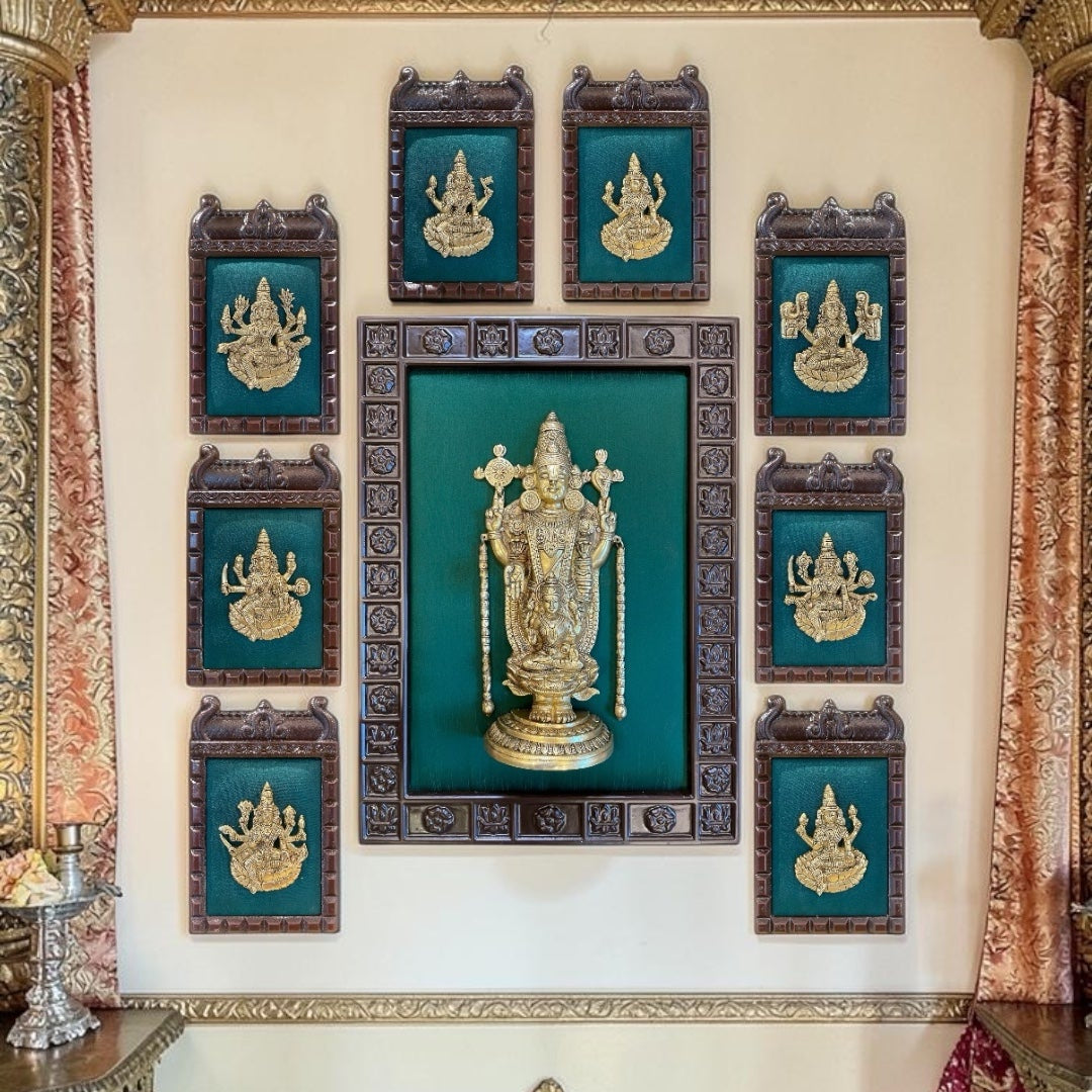 Tirupati Balaji with Ashtalakshmi Gold Art Frame | Brass Idol on Green Silk | Luxury Pooja Room Wall Decor.