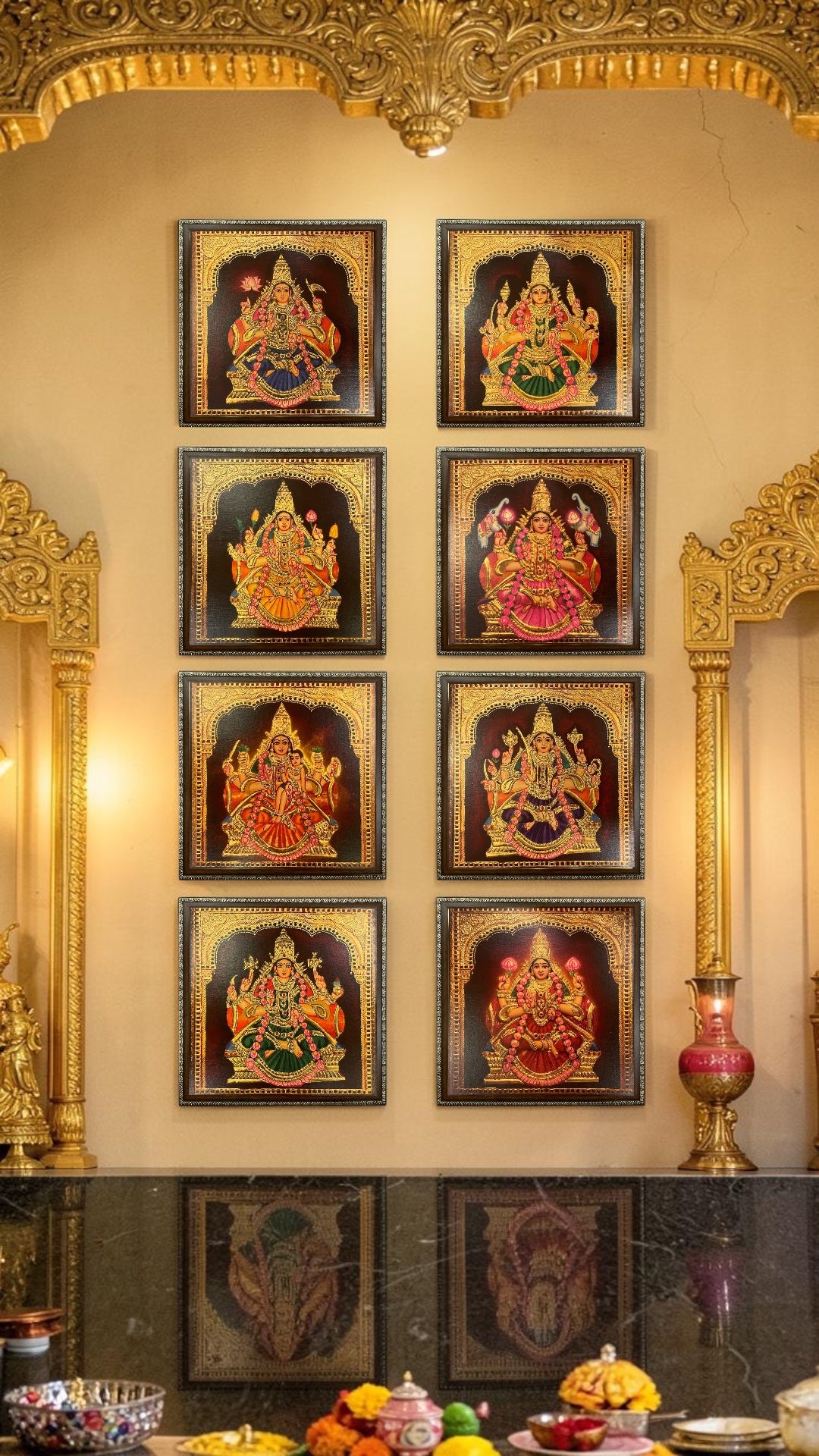 Ashta Lakshmi Gold Leaf Art Frame | Luxury Pooja Room Wall Decor | Divine 8 Lakshmi Set.