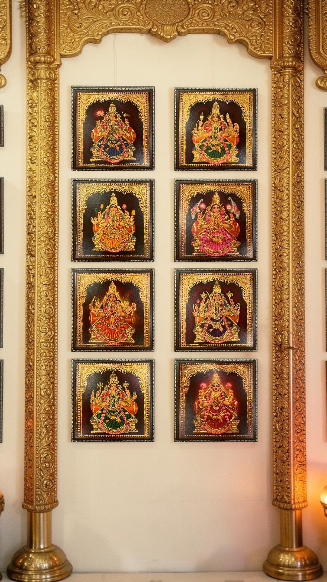 Ashta Lakshmi Gold Leaf Art Frame | Luxury Pooja Room Wall Decor | Divine 8 Lakshmi Set.