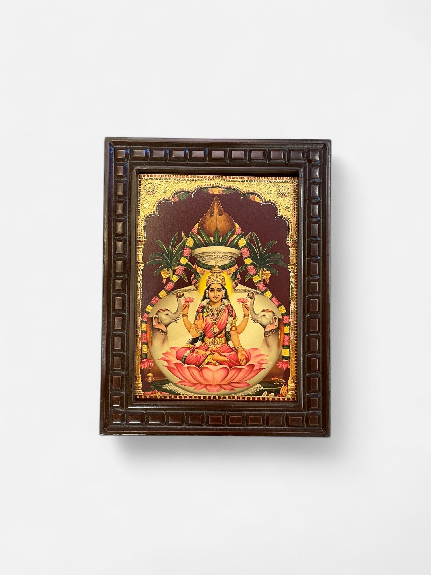 Divine Vara Lakshmi Framed Wall Art  – Sacred Lotus Goddess with Elephants | Premium Wooden Frame Decor for Wealth & Prosperity
