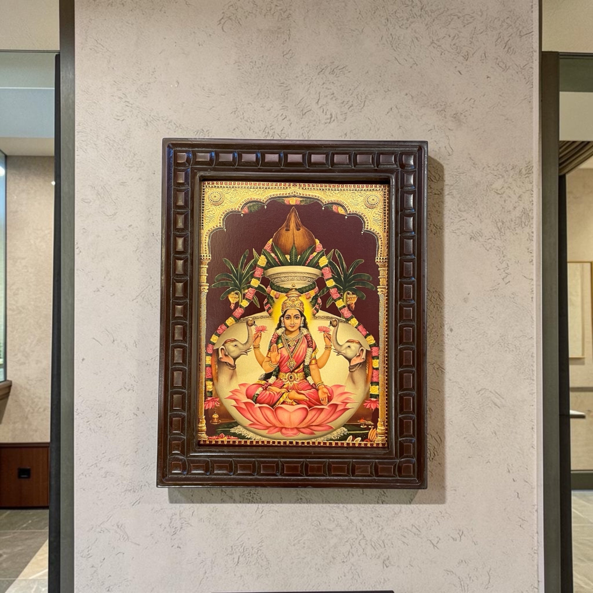 Divine Vara Lakshmi Framed Wall Art  – Sacred Lotus Goddess with Elephants | Premium Wooden Frame Decor for Wealth & Prosperity