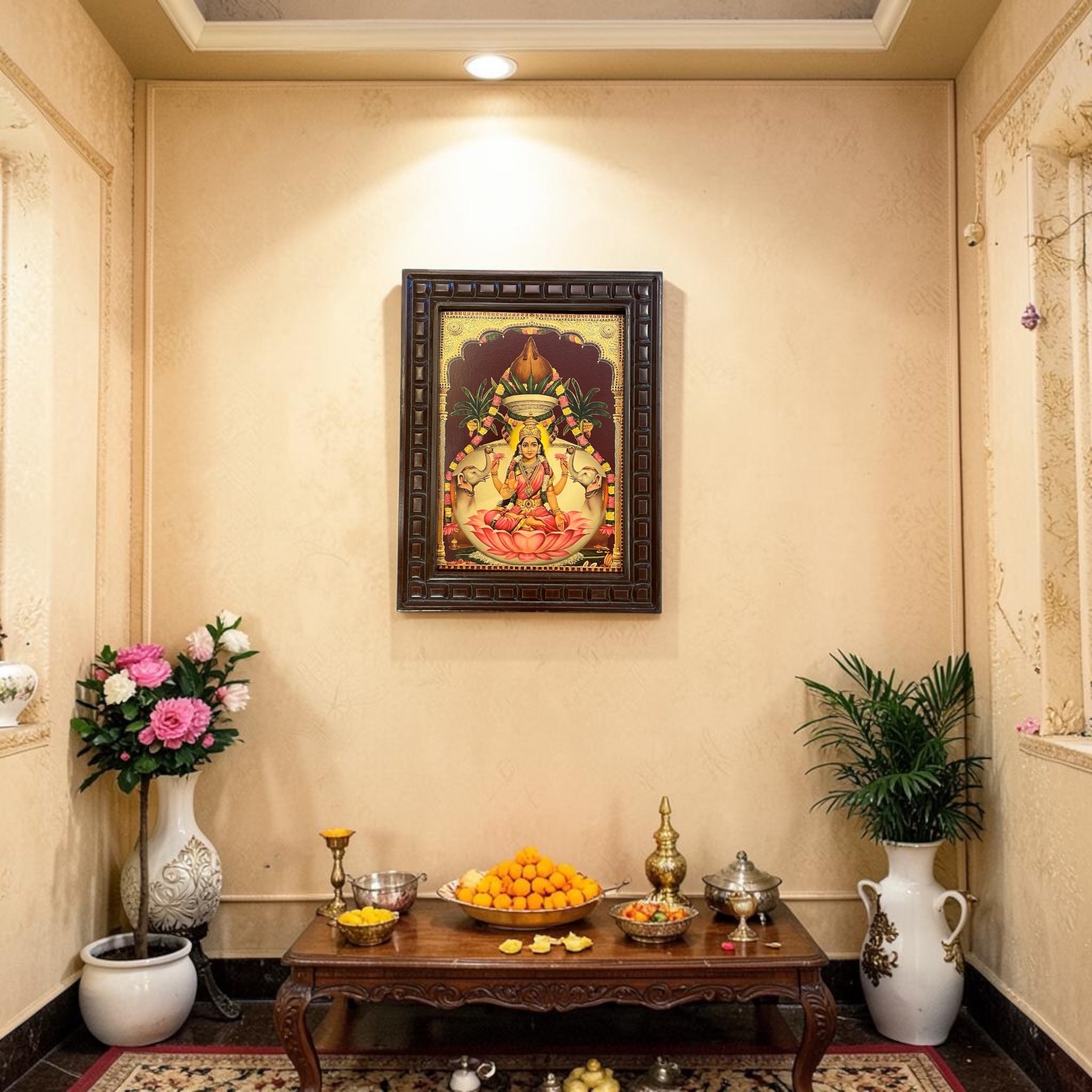 Divine Vara Lakshmi Framed Wall Art  – Sacred Lotus Goddess with Elephants | Premium Wooden Frame Decor for Wealth & Prosperity