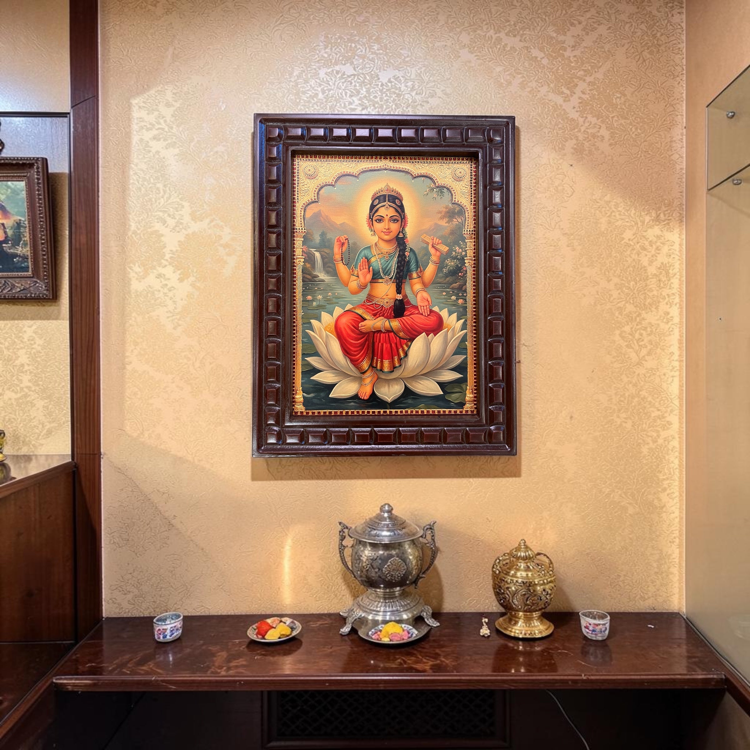 Divine Bala Tripura Sundari Framed Artwork 2 – Sacred Lotus Goddess Wall Decor | Premium Wooden Frame