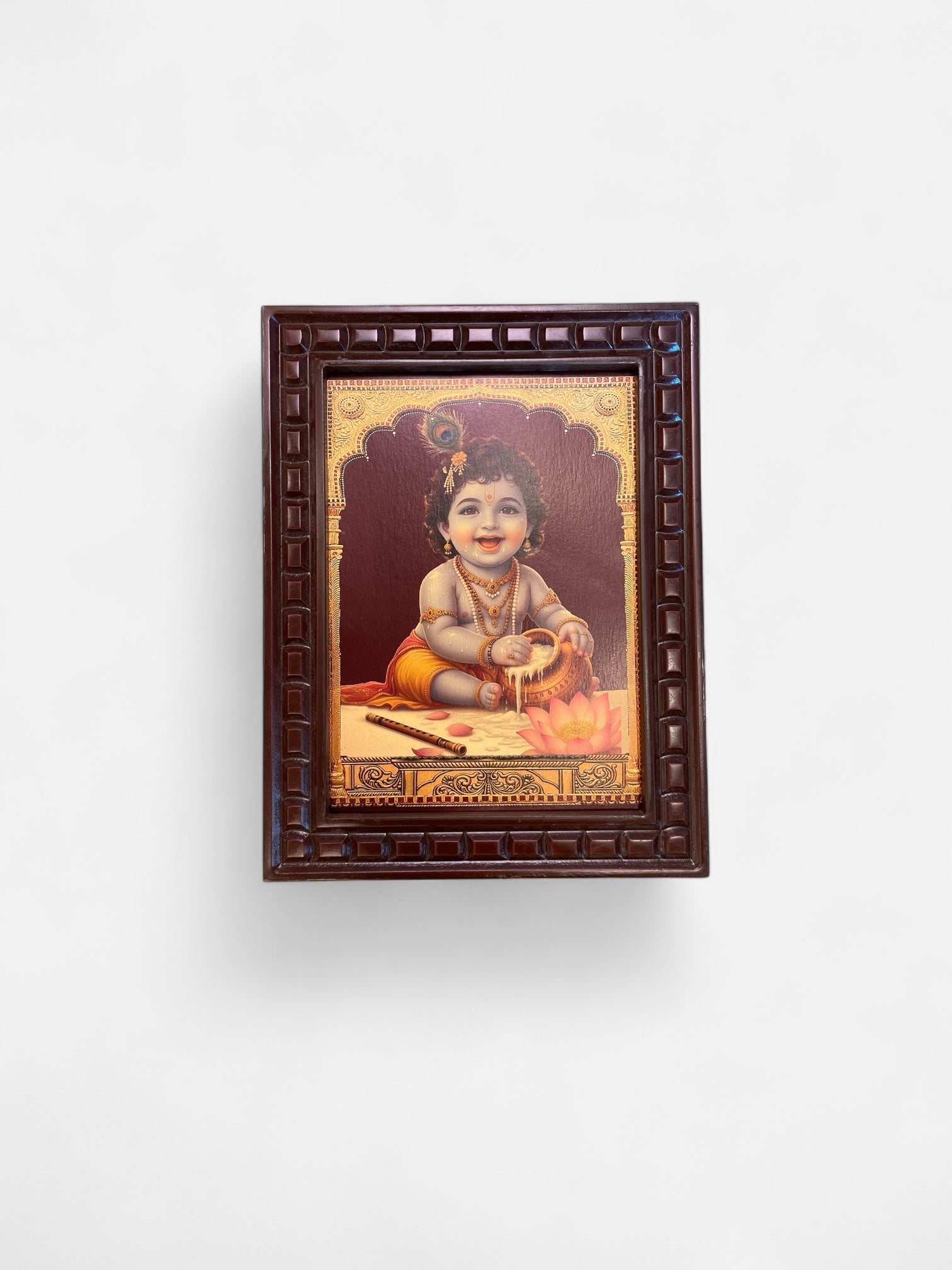 Divine Baby Krishna Wall Frame 3  – Cute Bal Krishna Butter Leela Artwork | Premium Wooden Frame Decor
